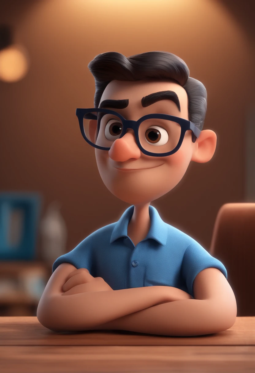 Cartoon character of a man with black glasses and a blue shirt, animation character, Caractere estilizado, animation style rendering, 3D estilizado, Arnold Maya render, 3 d render stylized, toon render keyshot, Personagem 3D, Personagem 3D, 3d rendering stylized, 3 d character render, personagem de desenho animado, Personagem de close up, Pose de personagem, (Estilo Pixar) (master part:1.2) (Bokeh) (best quality) (pele detalhada) (textura detalhada) (8k) (argila) (Cinematic lighting) (foco nítido
