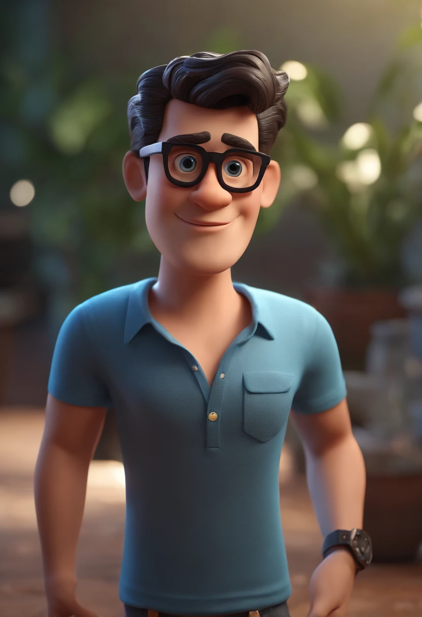 Cartoon character of a man with black glasses and a blue shirt, animation character, Caractere estilizado, animation style rendering, 3D estilizado, Arnold Maya render, 3 d render stylized, toon render keyshot, Personagem 3D, Personagem 3D, 3d rendering stylized, 3 d character render, personagem de desenho animado, Personagem de close up, Pose de personagem, (Estilo Pixar) (master part:1.2) (Bokeh) (best quality) (pele detalhada) (textura detalhada) (8k) (argila) (Cinematic lighting) (foco nítido