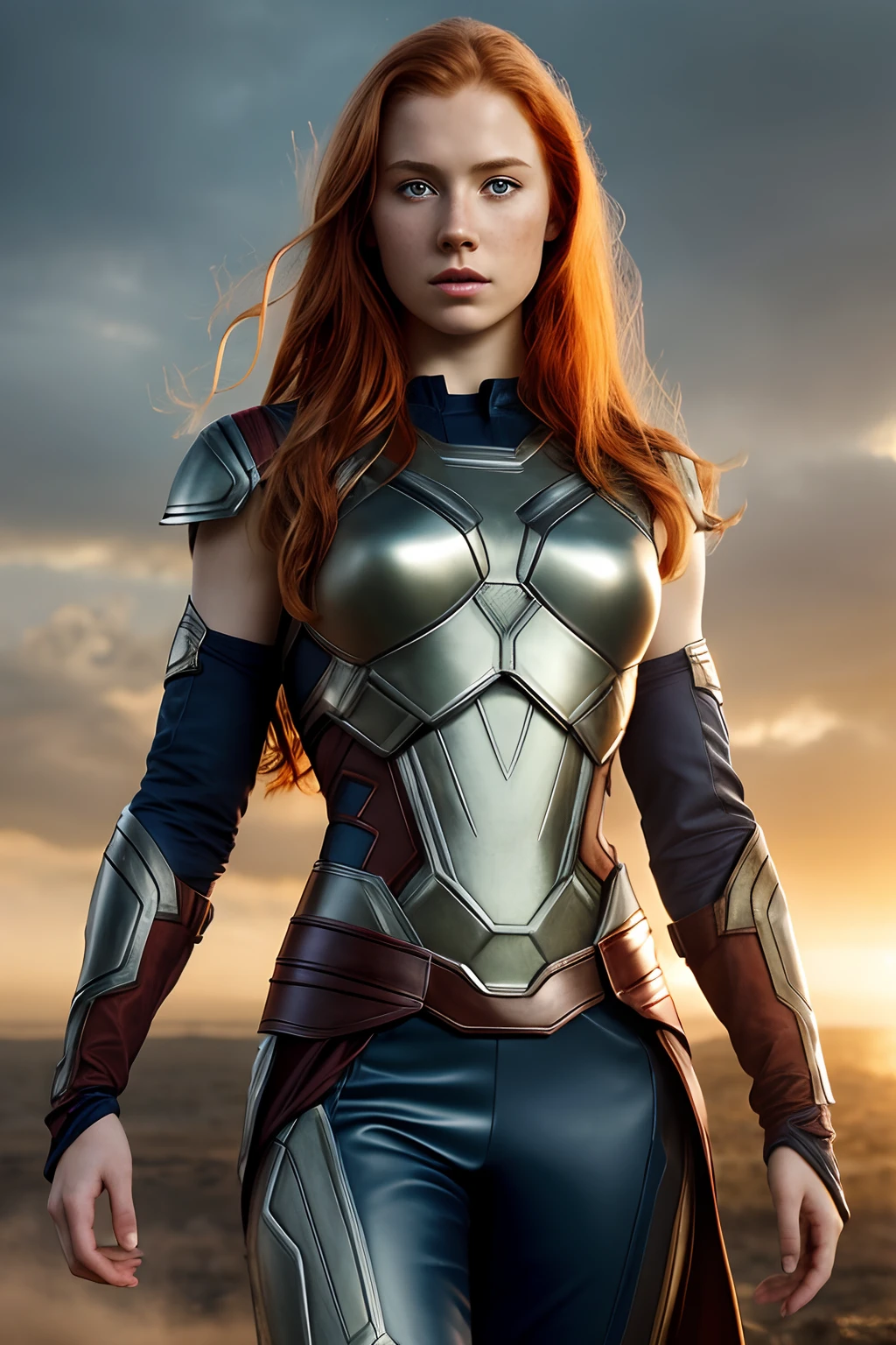 1girl in, age19, Solo, Aesthetic artwork, irish redhead, wavy ginger hair, shoulder length ginger hair, light grey eyes, some small freckles, pale skin, A-cup, small breasts, runners body, (textured skin, skin pores:1.1), (moles:0.8), imperfect skin, goosebumps, wearing Thor costume, Avengers bikini costume, Africa background, very background, (action shot, flying, 1.25), (extremely detailed 8k wallpaper), (hard lighting), high quality, film grain, Fujifilm XT3 sharp focus, f 5.6, 50mm, High Detail, Sharp focus, (natural light), crazy details, complex details, hyperdetailed