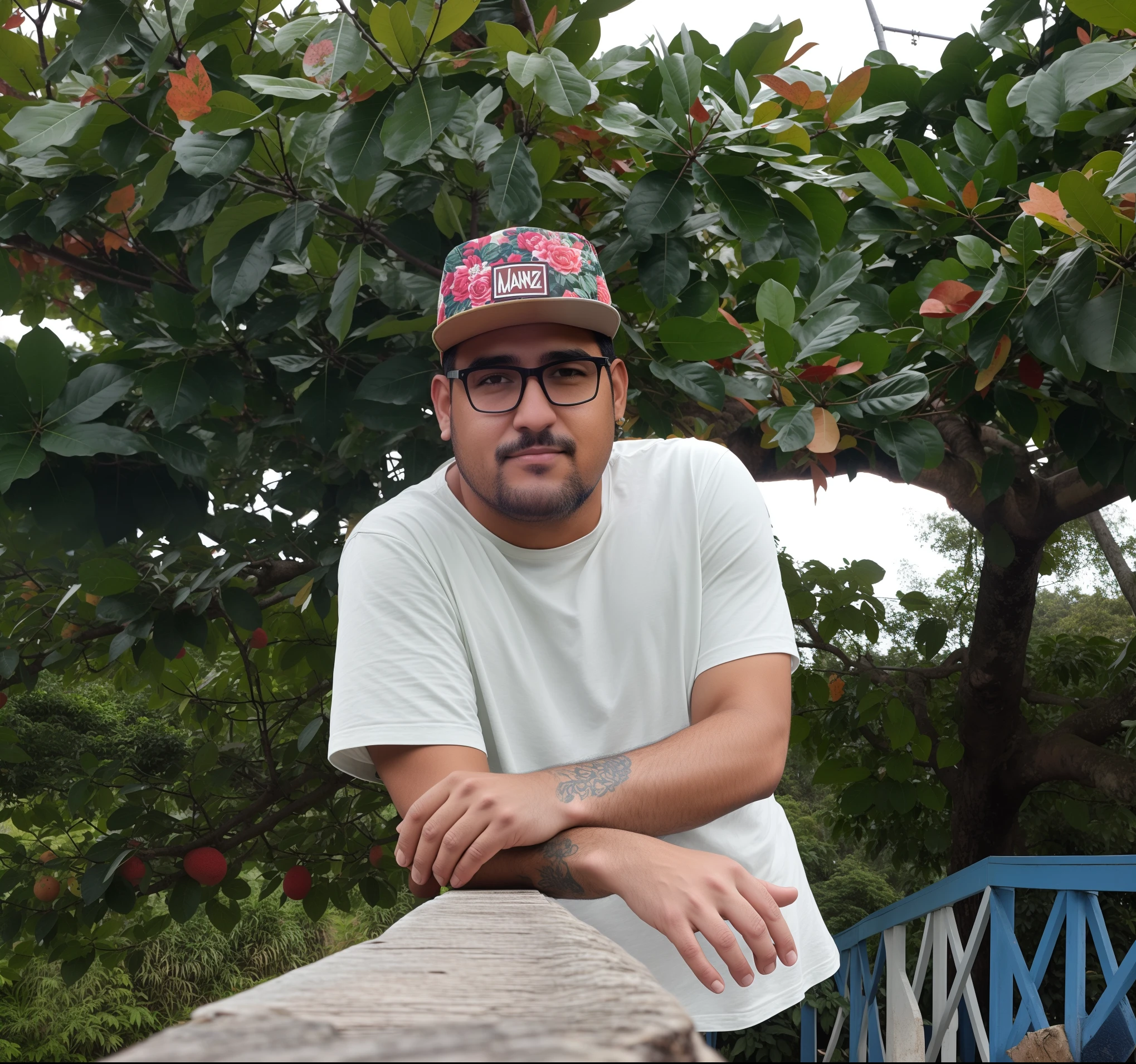 There's a man who's leaning against a rail, andres rios, daniel mirante, david rios ferreira, José Moncada, victor maristane, caio santos, taken in the early 2020s, with a tree in the background, em jardins de maconha, em frente a um fundo de floresta, against the backdrop of trees