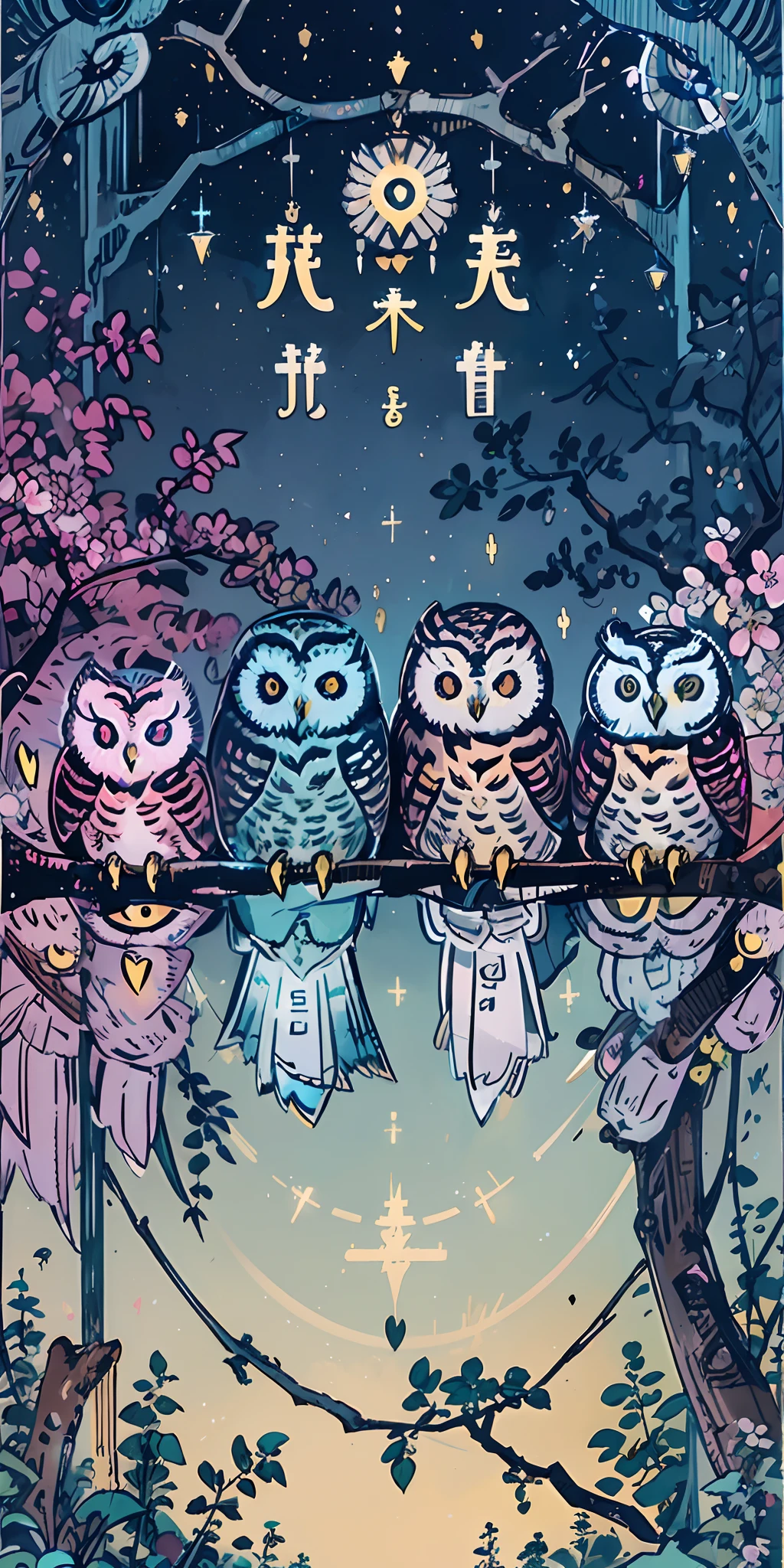 (tmasterpiece、Need、Ultra-delicate、A high resolution)),(owl:1.5),((owl1.5)),(naïve、𝓡𝓸𝓶𝓪𝓷𝓽𝓲𝓬、adventuring), blossoms, foliage,meteor shower,the night,Only animals, owls, and no figures