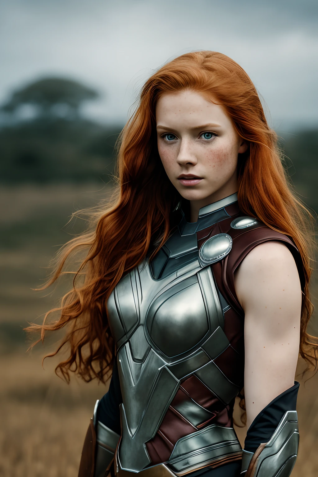 1girl in, 19, Solo, Aesthetic artwork, irish  redhead, wavy ginger hair, shoulder length ginger hair, light grey eyes, some small freckles, pale skin, A-cup, small breasts, runners body, (textured skin, skin pores:1.1), (moles:0.8), imperfect skin, goosebumps, wearing Thor costume, Avengers bikini costume, Africa background, very background, (action shot, flying, 1.25), (extremely detailed 8k wallpaper), (hard lighting), high quality, film grain, Fujifilm XT3 sharp focus, f 5.6, 50mm, High Detail, Sharp focus, (natural light), crazy details, complex details, hyperdetailed