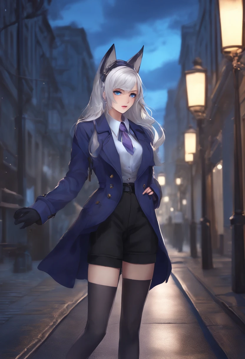 Anime girl standing on city street, Trending in ArtStation pixiv, Purple eyes, Blue tie, Beautiful (Detailed eyes, Detailed face,) ahegao, Yuradev, Noble temperament, High heels, No watermark, 21 years old,Blue trench coat,Black shirt,Dark blue shorts,black pantyhoses,Black high-tops,Black fingerless gloves,blue color eyes,Wolf ears,white color hair,White single ponytail