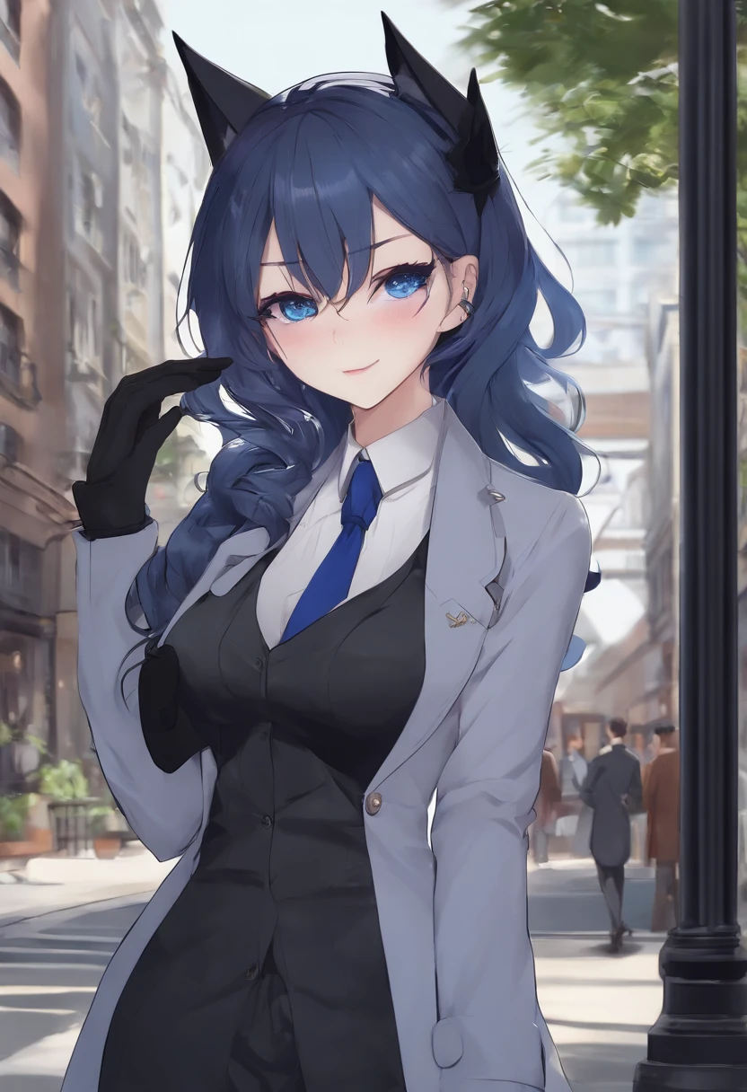 Anime girl standing on city street, Trending in ArtStation pixiv, Purple eyes, Blue tie, Beautiful (Detailed eyes, Detailed face,) ahegao, Yuradev, Noble temperament, High heels, No watermark, 21 years old,Blue trench coat,Black shirt,Dark blue shorts,black pantyhoses,Black high-tops,Black fingerless gloves,blue color eyes,Wolf ears,white color hair,White single ponytail