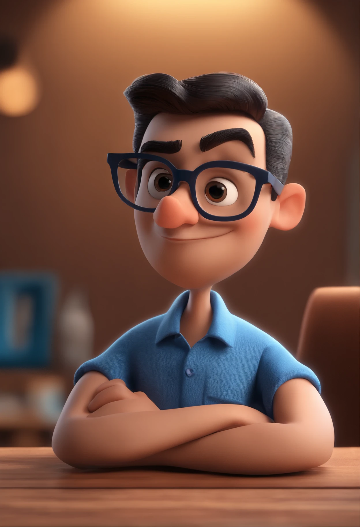 Cartoon character of a man with black glasses and a blue shirt, animation character, Caractere estilizado, animation style rendering, 3D estilizado, Arnold Maya render, 3 d render stylized, toon render keyshot, Personagem 3D, Personagem 3D, 3d rendering stylized, 3 d character render, personagem de desenho animado, Personagem de close up, Pose de personagem, (Estilo Pixar) (master part:1.2) (Bokeh) (best quality) (pele detalhada) (textura detalhada) (8k) (argila) (Cinematic lighting) (foco nítido