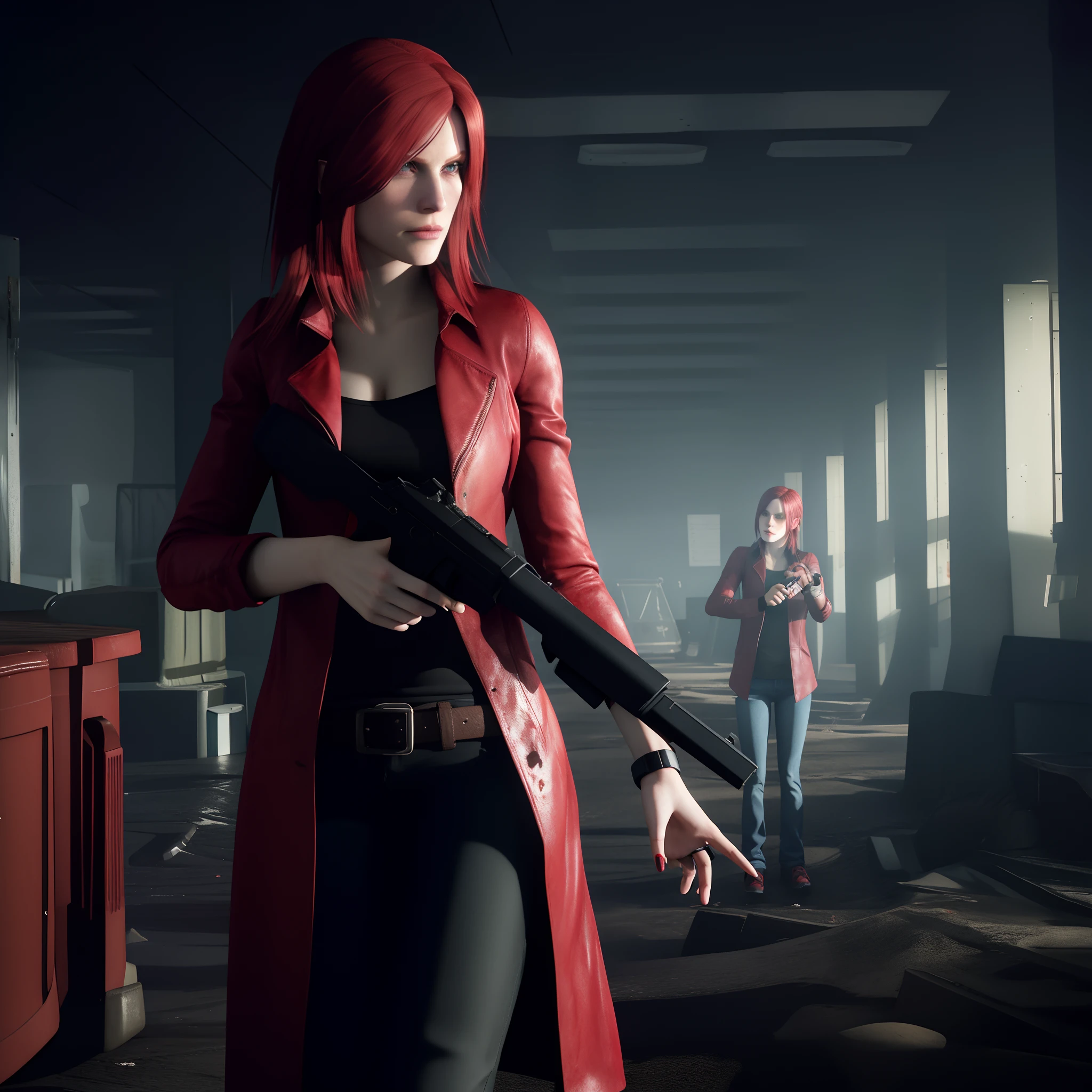 Claire Redfield 40 years old, beautiful face, shy, looking at viewer, very long red hair, perfect Face, black jeans, red long coat with black t-shirt, red nail polish, friendly face, glare, holding a gun