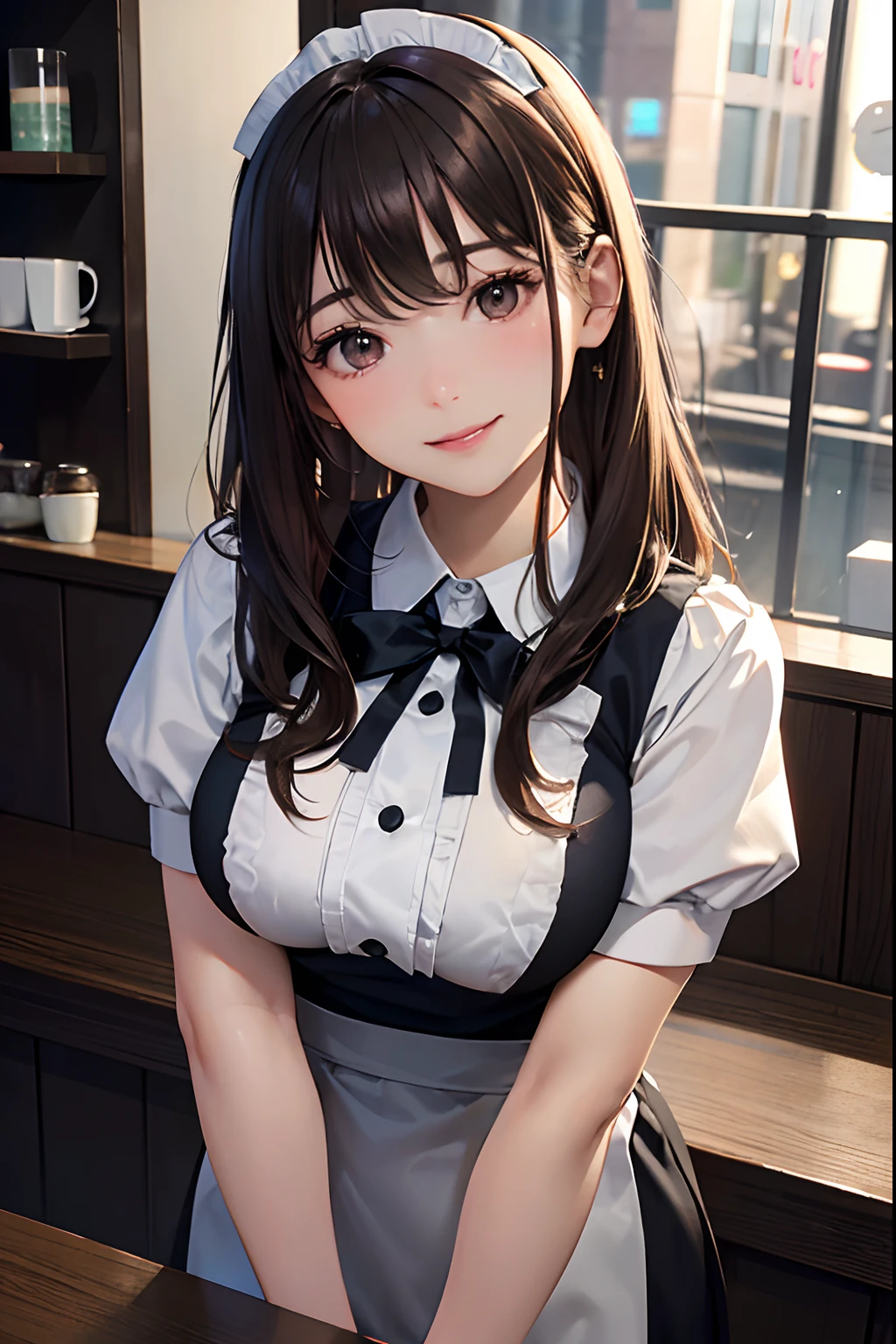 ((Best Quality:1.2, 8k,f/1.8,HDR, Sharp Focus:1.2, photo realistic:1.4, Masterpiece, depth:1.2, super fine :1.2, back Light, Ultimate Girl, Highly Detailed Facial Textures, detailed beauty makeup: 1.2, realistic skin, detailed eyes, detailed bangs)) ((waitress clothes)),(coffee shop background), head tilt, huge breast:1.2, light brown hair, Grinning ear to ear, from above