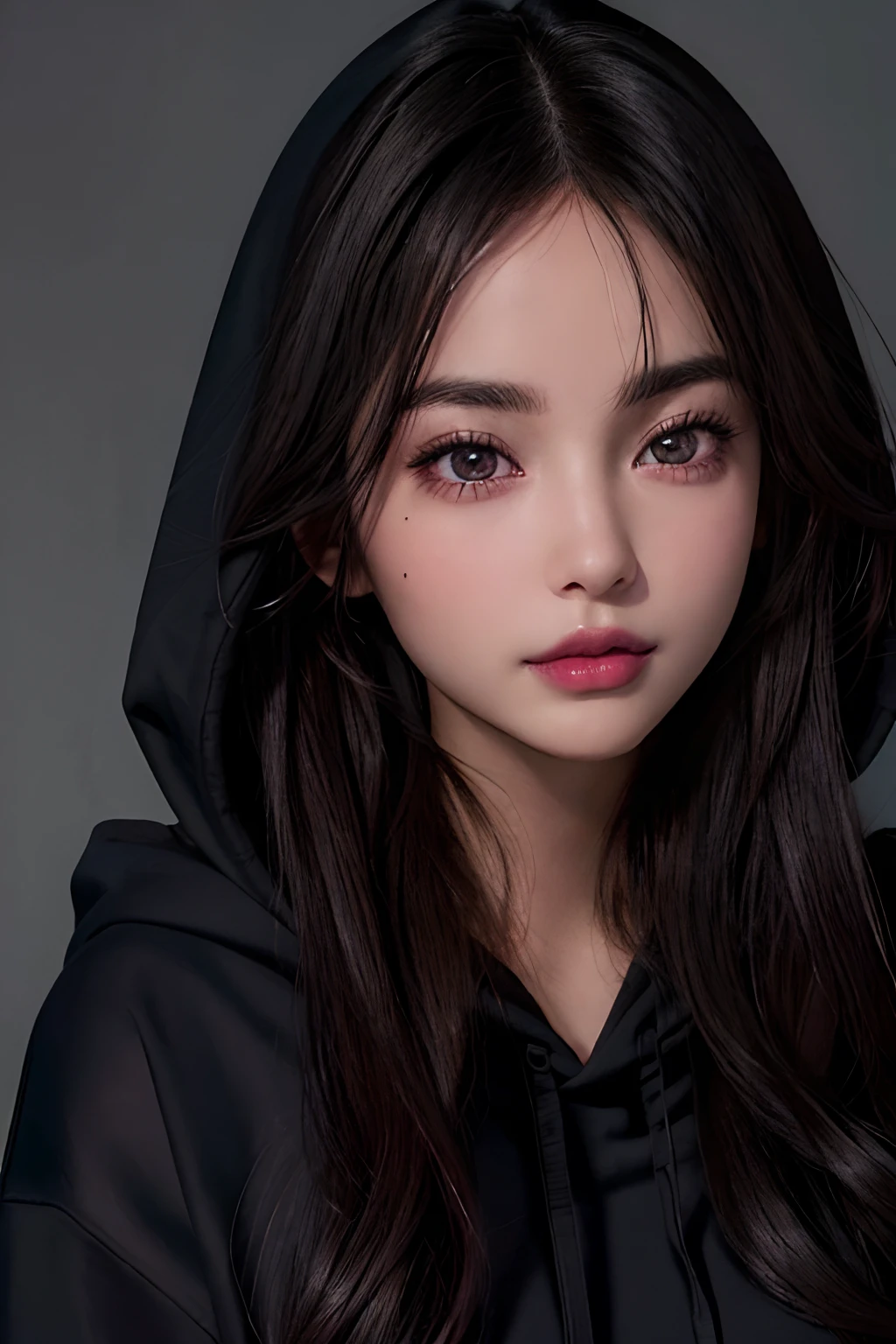 Dark, Raw photography, 1girl , beautiful countenance, Lifelike face, A dark-haired,  long hair,  realistic eyes, Beautiful details, deep-shadows, radiant lips, pink lipsticks:1.2,  Mole on the mouth, Beautiful skins, oversized hoodie, Wearing a black hoodie, Wearing an ugly black hood,