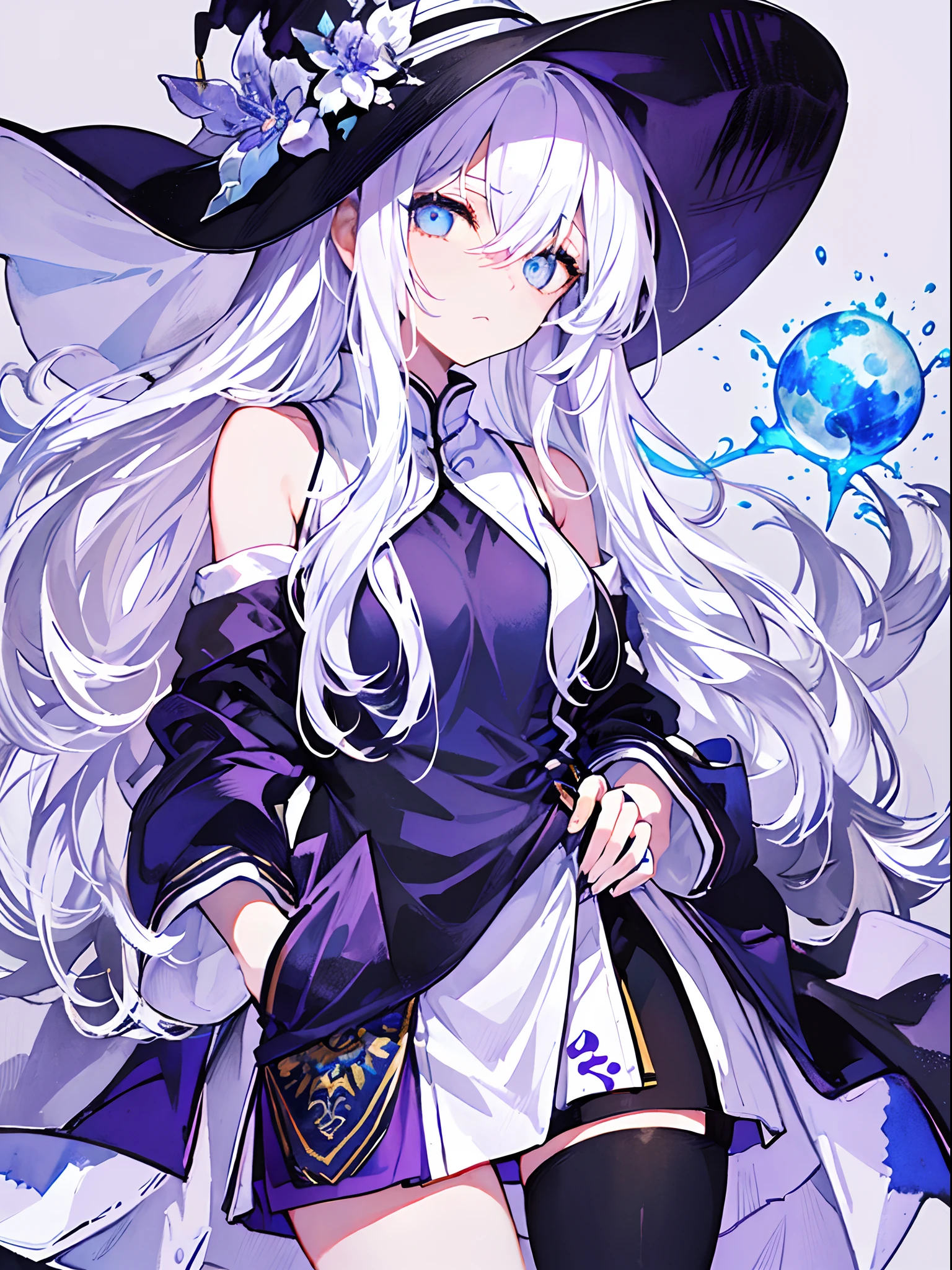 purple color  hair、Unkempt hair、Long、(expressive eyes、verd s eyes、Luminous eyes)、[(White background:1.9)::0.9]、[(transparent background:1.3)::5]、witch's hat、\\ ​masterpiece、top-quality、flat-colors、Official Art、White theme、(ultra-detailliert)、(illustratio)、ink and watercolor painting、a purple eye、cold face、Behold、***1人、独奏、[(white  hair:1.2):(blue hairs:1.2):0.5]、Long、hair wavy、Bare shoulders、((a cold expression))、Black cheongsam、Black skirt、Cute face、Breast、White stockings、bloo_Inner Hair、shawls、thighs thighs thighs thighs、anklets、Femoral ring、 (hands in the pocket:1.4)、