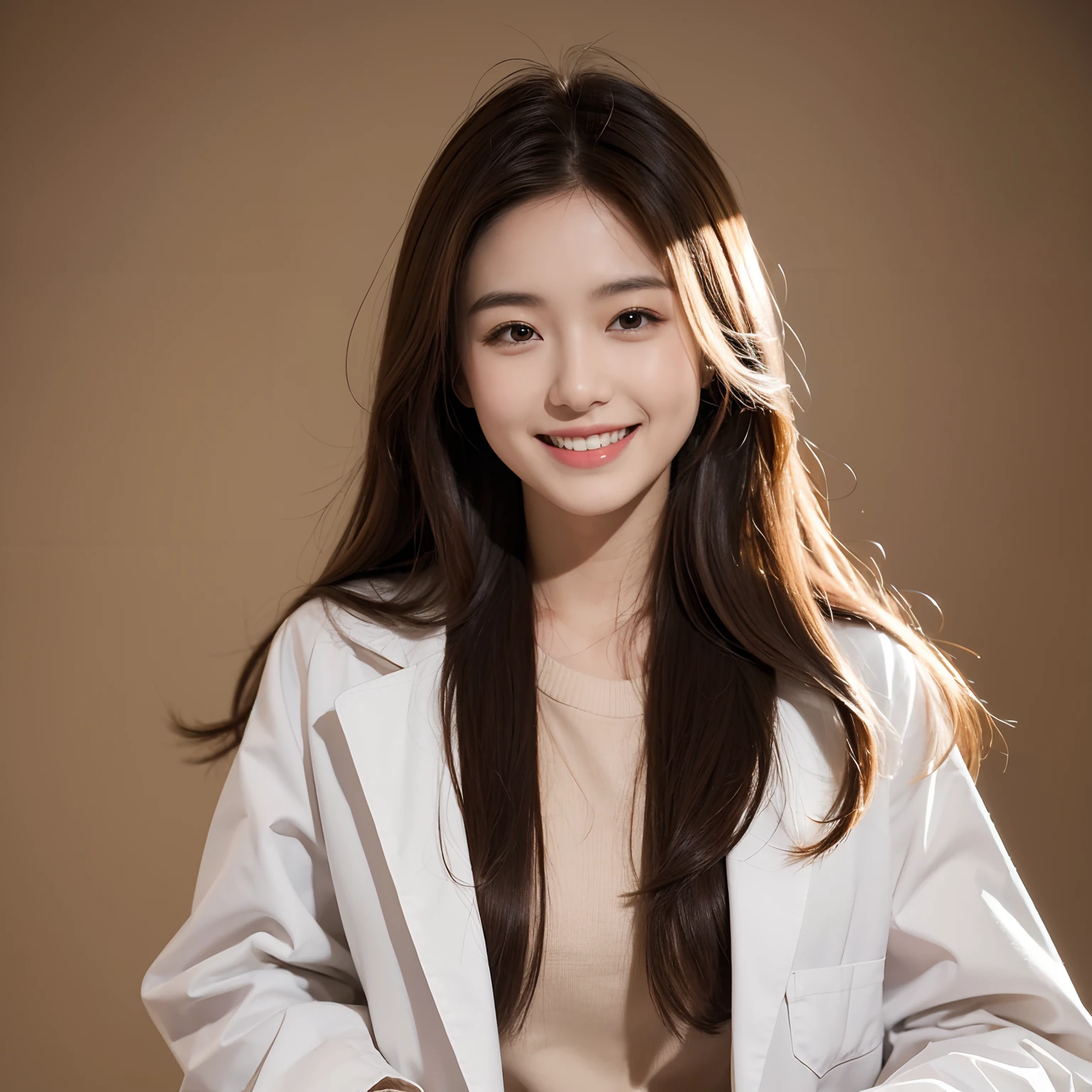 (highres:1.2),portrait,1girl,wearing lab coat,smiling,head down,experimenting,brown long hair,Q version