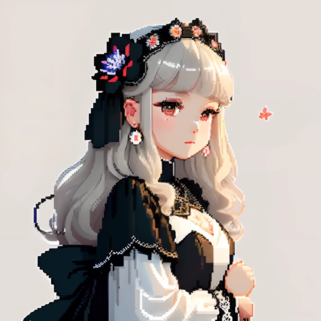 She was dressed like a glamorous jewel,large earring、Lots of flowers、 Gothic White、Colorful Floral Decoration Costume、Girl with dull grey long S-shaped curls、Look back and look at this.、Pixel art、Pixel Art Illustration、pixels、Plain background、Upper body、For icons、pixels_Art Book,Composition centered on the face、Black lily flower headdress、Katyusha、pixels、Game-style illustration、Pixel art、pixels、without background、The background is all beige、pixels、Large anemone flower ornament、Loose fluffy、White background、Gothic fashion、