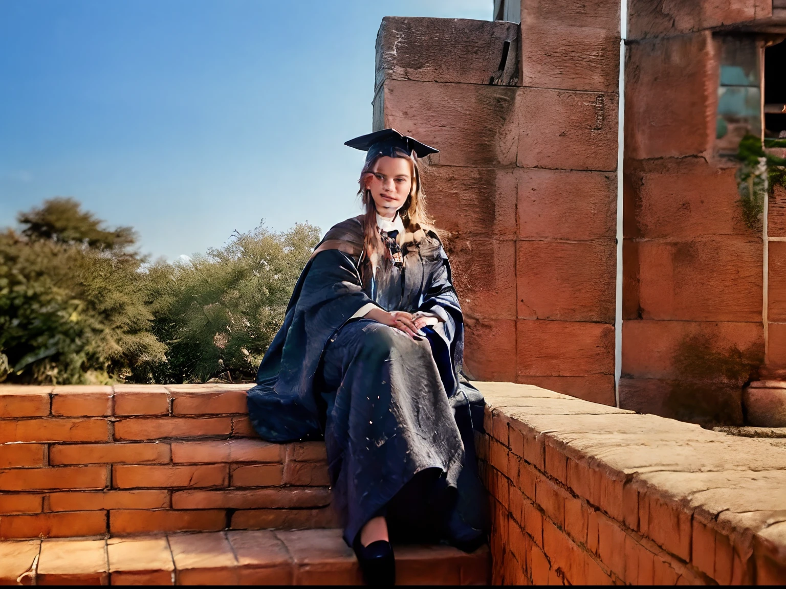 arafed woman in graduation gown sitting on brick steps outside, wearing an academic gown, post graduate, graduation photo, at college, photo taken in 2 0 2 0, taken in 2 0 2 0, taken with the best dlsr camera, in robes, candid picture, wearing hogwarts!!! robes!!!, with cape, student, high quality upload, portrait shot