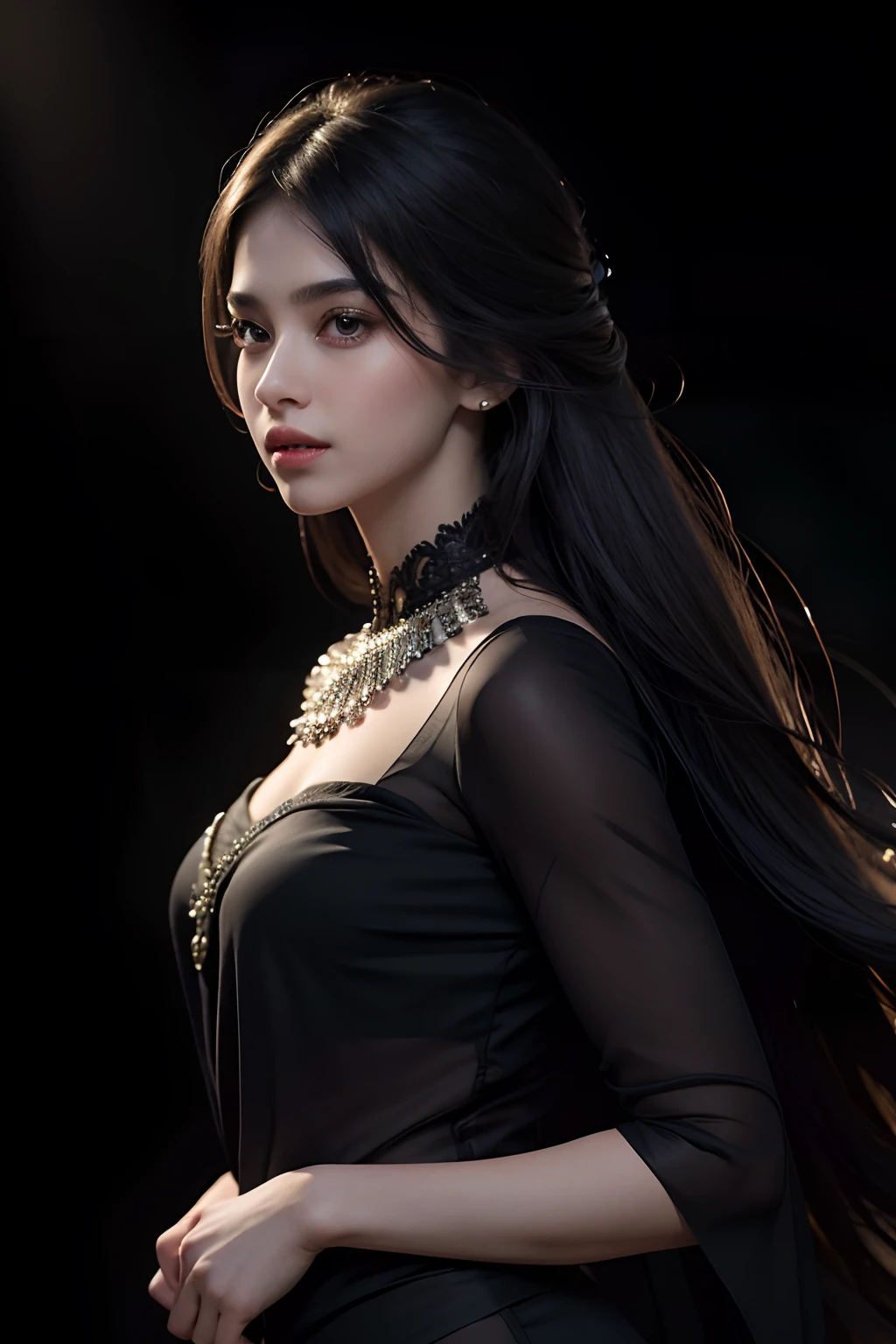masterpiece, photorealistic:1.4 , bright face, glowing skin, best quality, ultra high resolution, front view, raw photo, 1girl, black saree dress, perfect face, in the dark, deep shadow, Cold light, , looking at the viewer, volumetric light, foggy background, backlit hair, photorealistic, photograph, masterpiece, realistic, realism, photorealism, high contrast, upper body