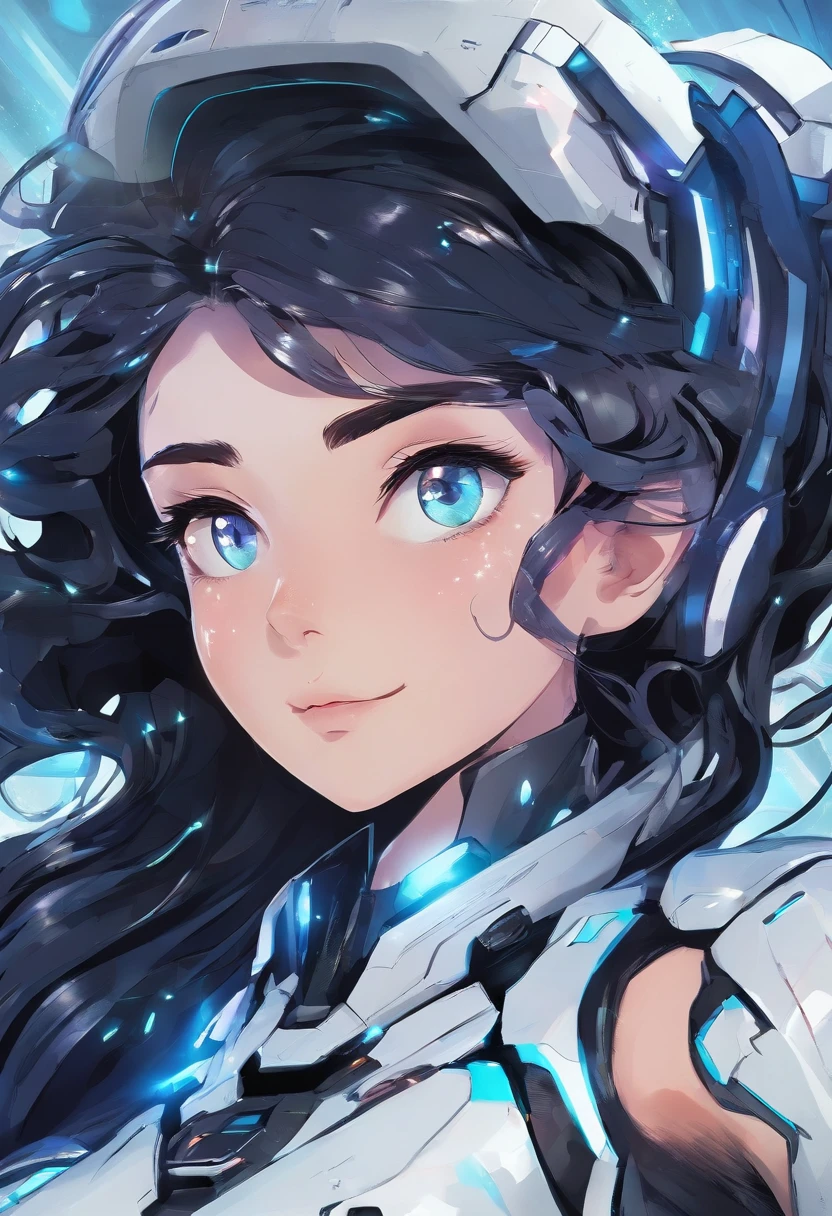dark blue hair, sparkling eyes, streaked hair, halo, multicolored eyes, covering ears, light smile, Surrealism, backlighting, first-person view, emphasis lines, best quality, 4K