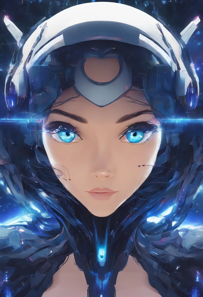 dark blue hair, sparkling eyes, streaked hair, halo, multicolored eyes, covering ears, light smile, Surrealism, backlighting, first-person view, emphasis lines, best quality, 4K