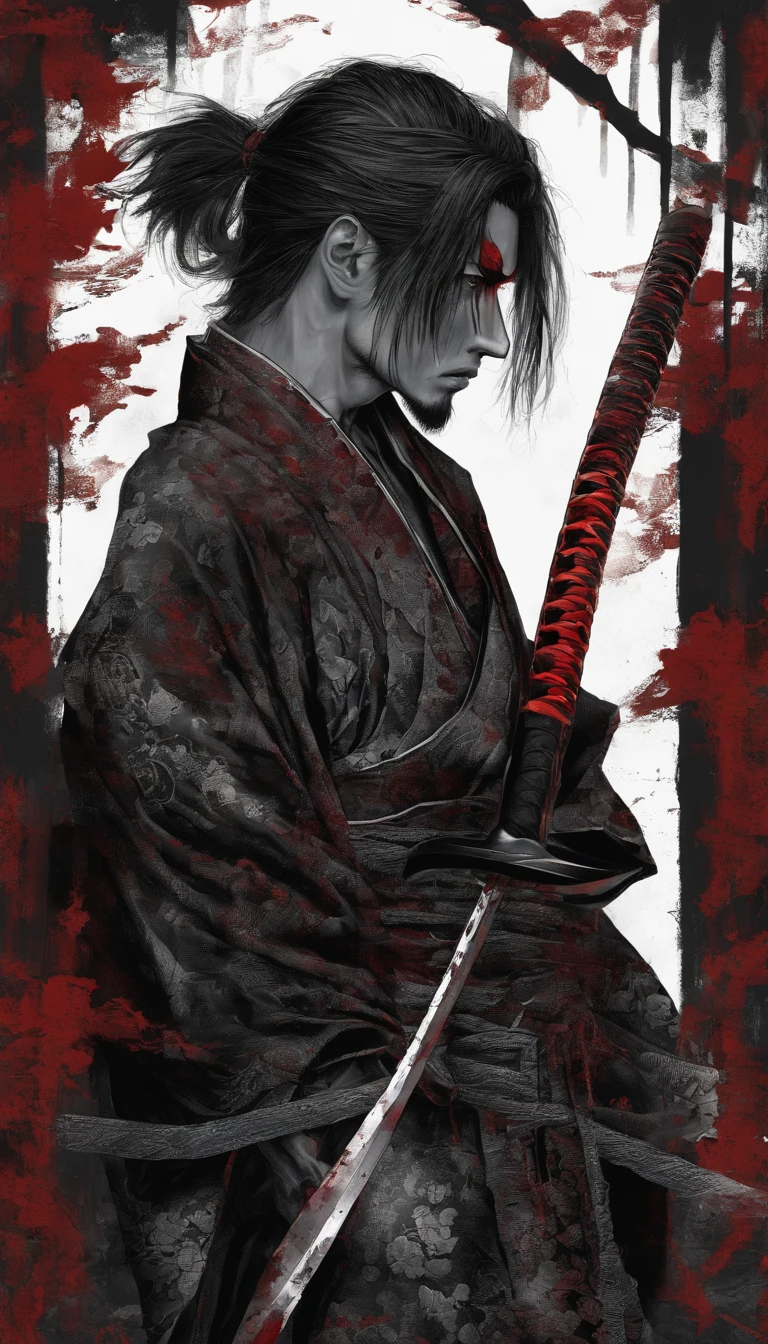 SamuraiXQuiron man, solo, long hair, 1boy, ponytail, male focus, red hair, japanese clothes, kimono, scar, katana, sheath, scar on face, samurai,