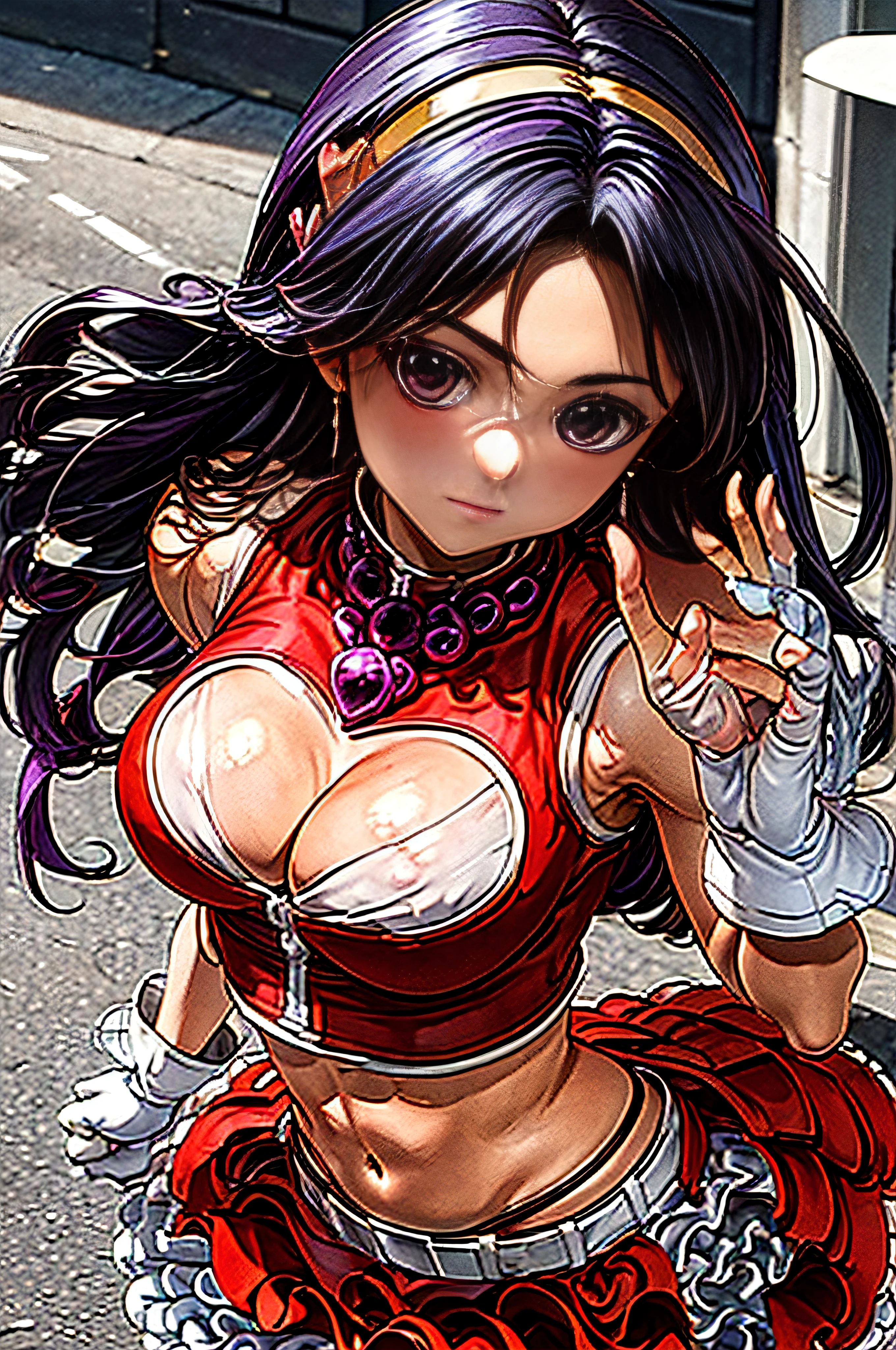 masterpiece), (best quality), (ultra-detailed), intricate detail, athena97, 1girl, solo, purple eyes, purple hair, long hair, white earrings, yellow hairband, red heart ornament, medium large breats, red vest, white turtleneck, white puffy sleeves, purple sphere shape necklace, white fingerless gloves, ,on street,((close up)),((((shiny skin)))),from above,cleavage,skindentation,upper body focus,breasts focus,hands behind,leaning back