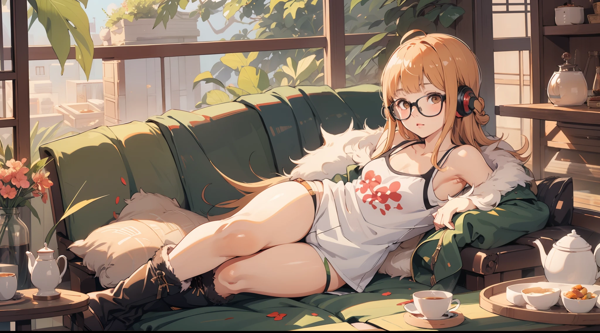 masutepiece, Best Quality, hight resolution,
1girl in, futaba sakura, Blunt bangs, Ahoge, Small breasts,
Glasses,  headphones, behind-the-head headphones, White shirt, Jacket, off shoulders, Fur trim, fur-trimmed jacket,  Green jacket, Shorts, thighs thighs thighs thighs, long boots,
 Cowboy Shot,the golden hour,1black cat、tea shop、Sleep on the sofa