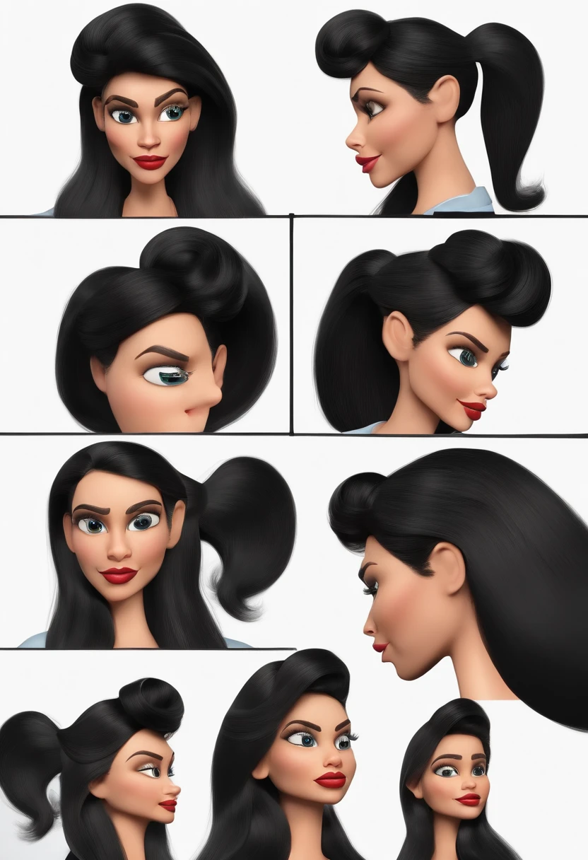 caricatura pixar estilo desenho 3d de uma mulher com longos cabelos pretos e uma camisa branca, female with long black hair, perfil da mulher, retrato centrado no perfil lateral, perfil lateral centralizado, pose de perfil elegante, retrato de perfil lateral, mulher com cabelo preto, cabelos pretos longos e finos, pose de perfil elegante, segurando um fuzil, mirando em um alvo