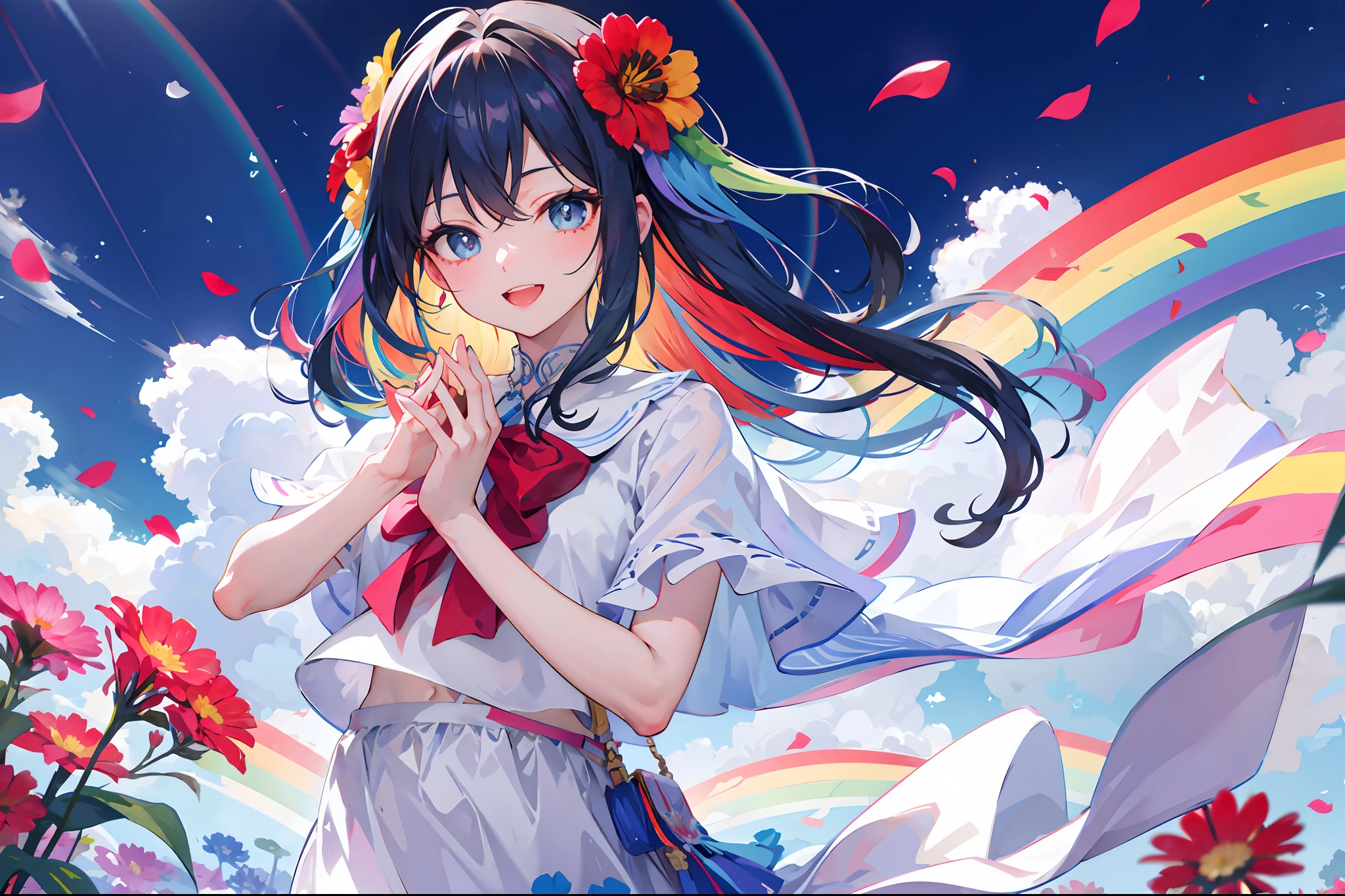 flower in hands,;D, rainbow backgraund