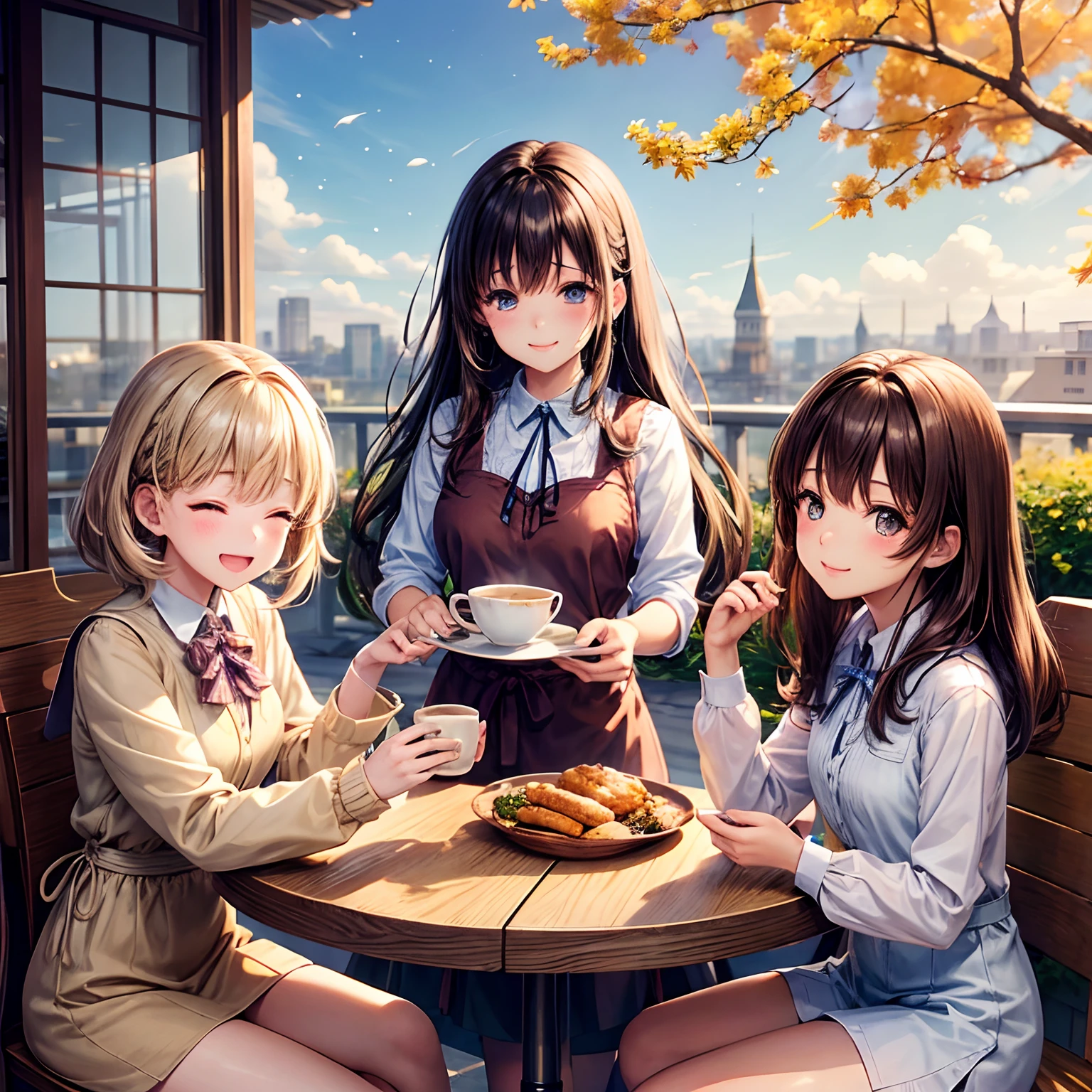 Best Quality、Shining crystal clear eyes、Light brown skin、Tea on the café terrace、Autumn clothes、Drawn up to the knee、、Bob Hair、Teenage woman、Very cute、Smile with eyes closed、A smile、Brown hair、Schools、I want to blush、Peek、Colored leaves、Wink、twinkling、Kamimei、