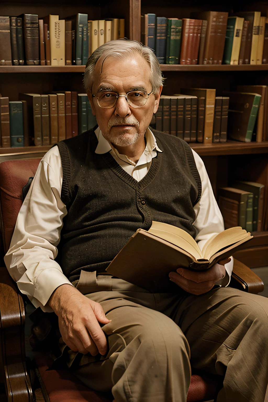 wise old man, in the library room, sitting in a chair holding a book