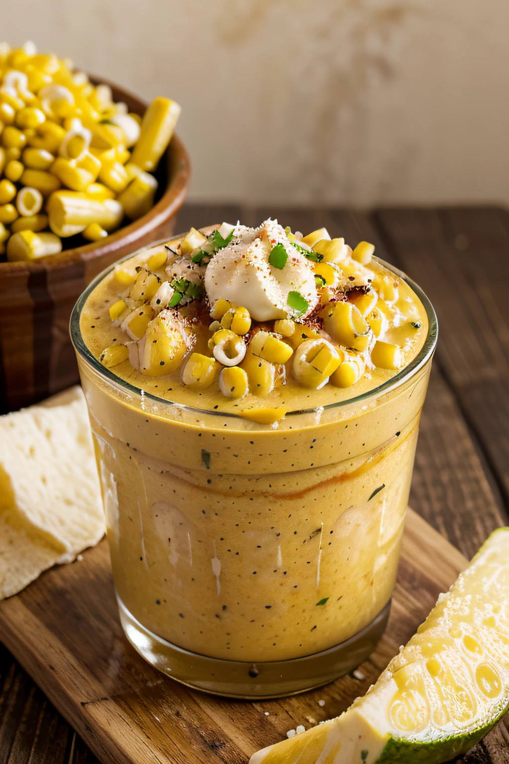"Imagina un vaso de elotes perfectamente preparado: juicy, golden, tender corn kernels, dipped in a mixture of melted butter and grated cheese, with a hint of chili powder and fresh lime. La fragancia de la mazorca asada se entrelaza con la riqueza de la crema y la generosidad del queso fundido. Every bite is an explosion of flavor, A sublime combination of saltiness and creaminess, Spicy and citrusy. Can you almost taste the delicious texture and balance of flavors in this glass of corn?? Describe tu experiencia al probar este manjar culinario."