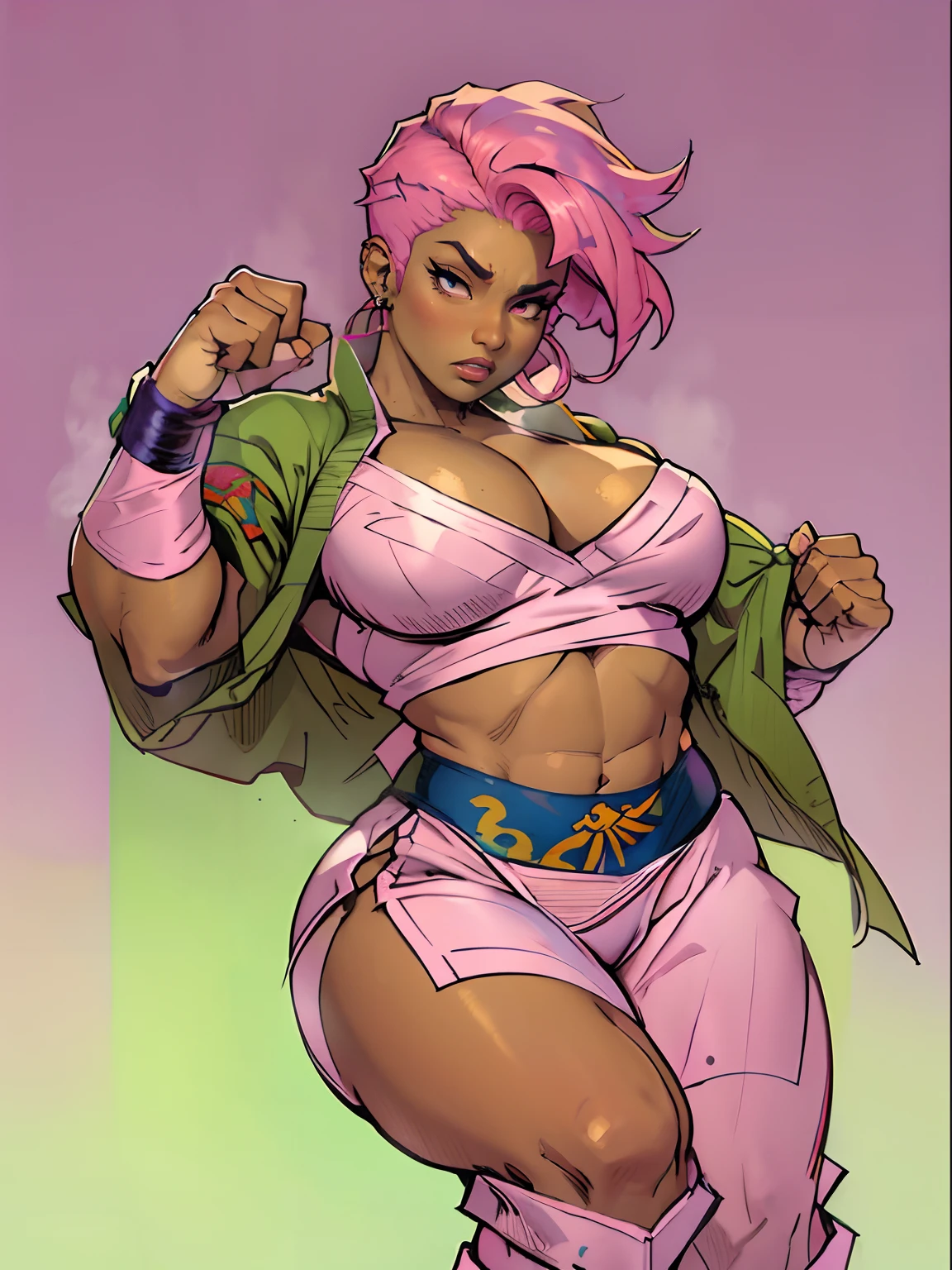 jim lee
street fighter, 1girl, brown skin, perky breasts, (thick thighs), wide body, (chubby), pink hair, full martial arts gi, boots, arm bands, makeup, earrings, solid background, full body,
((masterpiece))