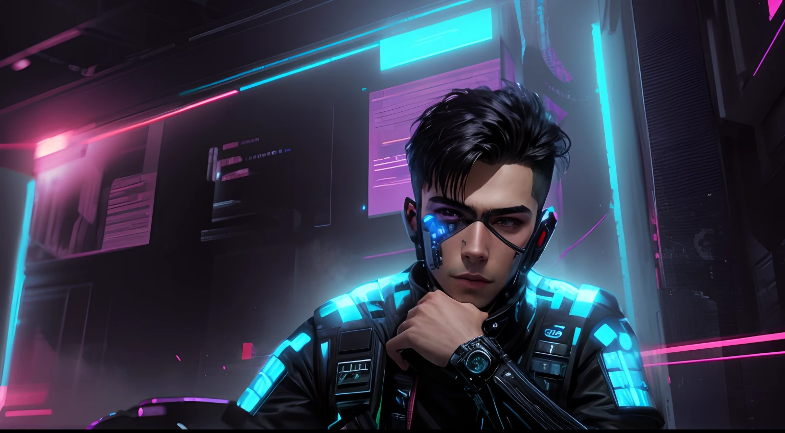 change background cyberpunk handsome boy, realistic face, 8k, ultra realistic,