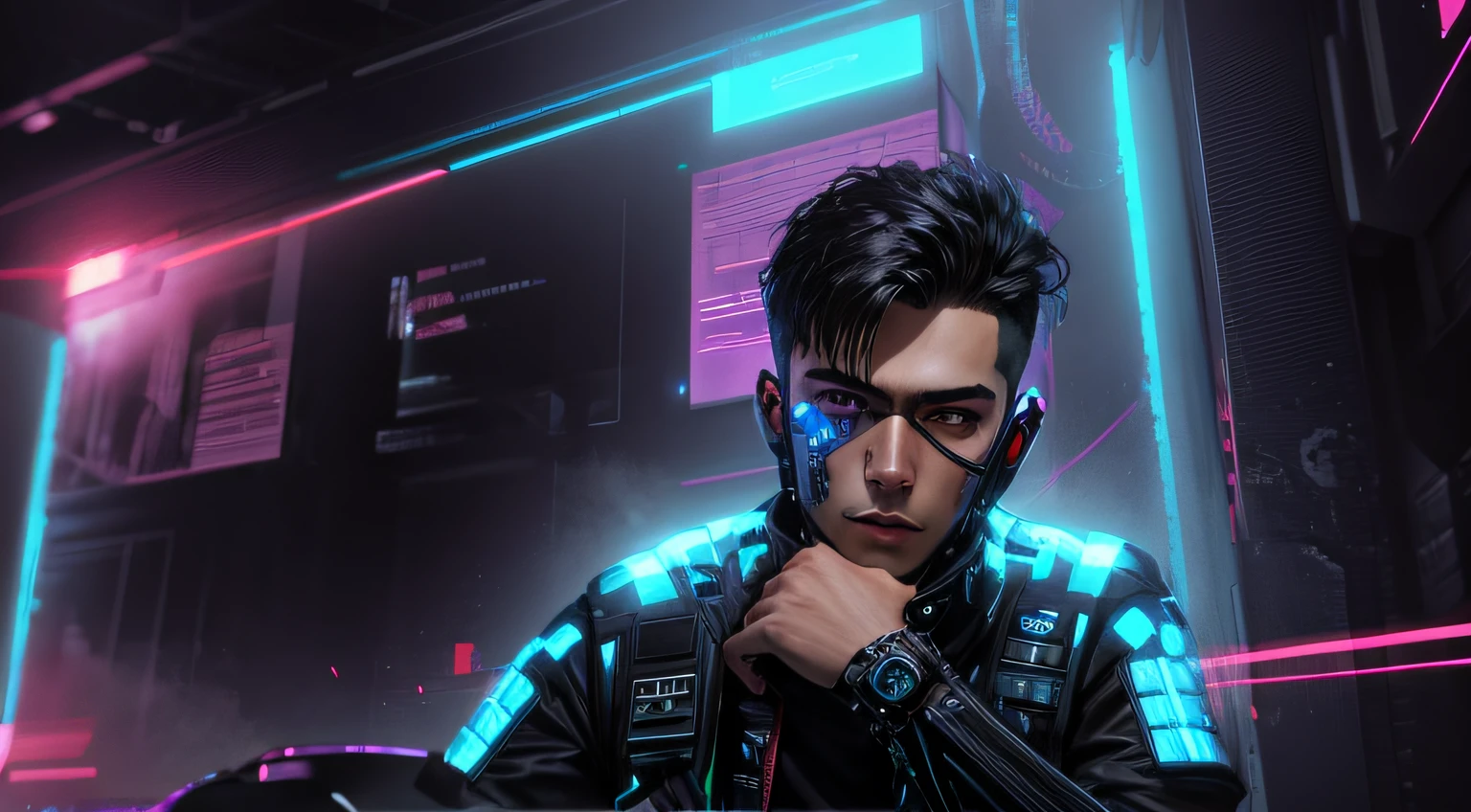 change background cyberpunk handsome boy, realistic face, 8k, ultra realistic,