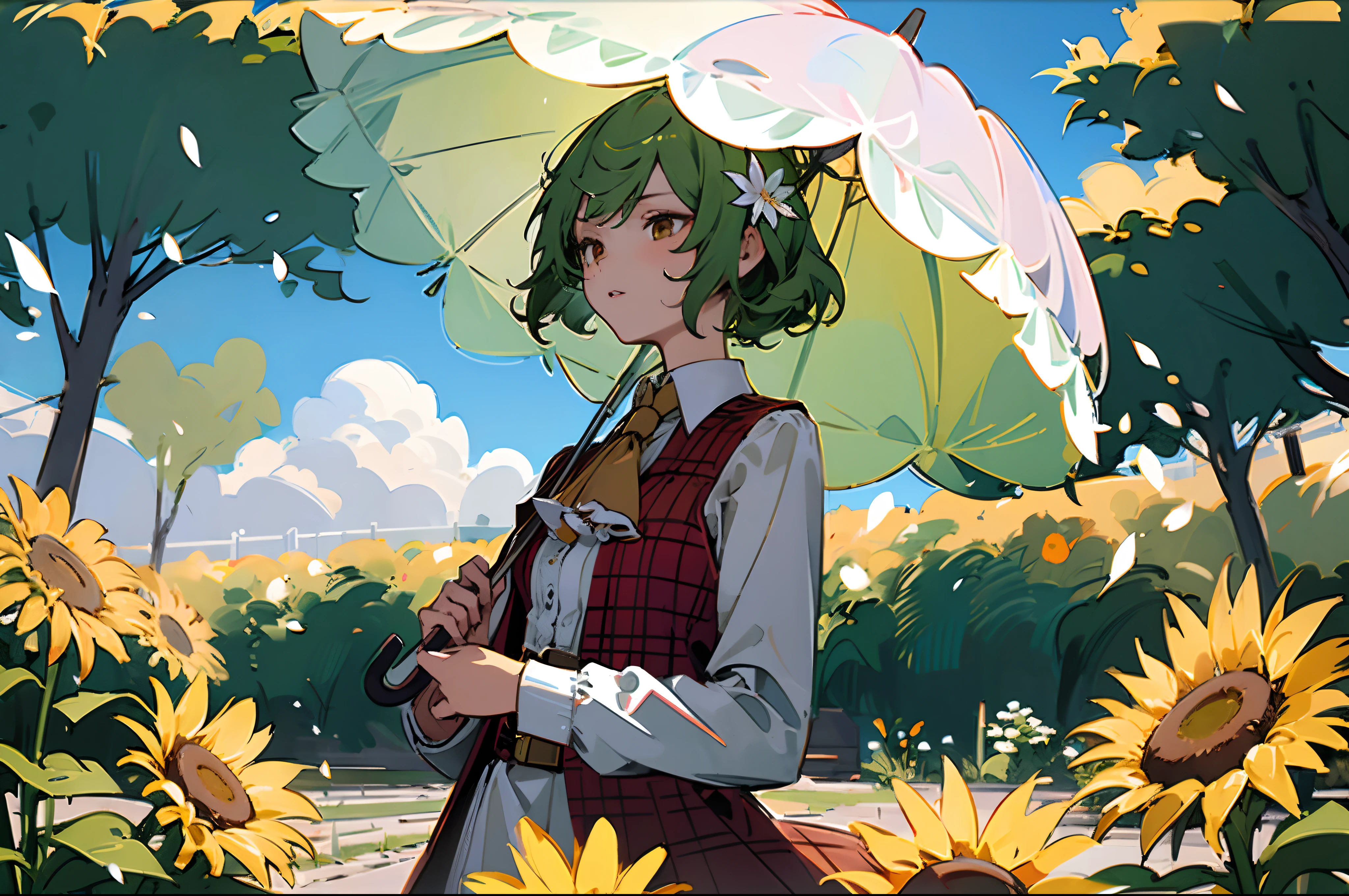 Masterpiece, Best quality, 1girll,Green hair,Umbrella, hair flower,helianthus flowers, Blue skies，head portrait，In the middle of the garden