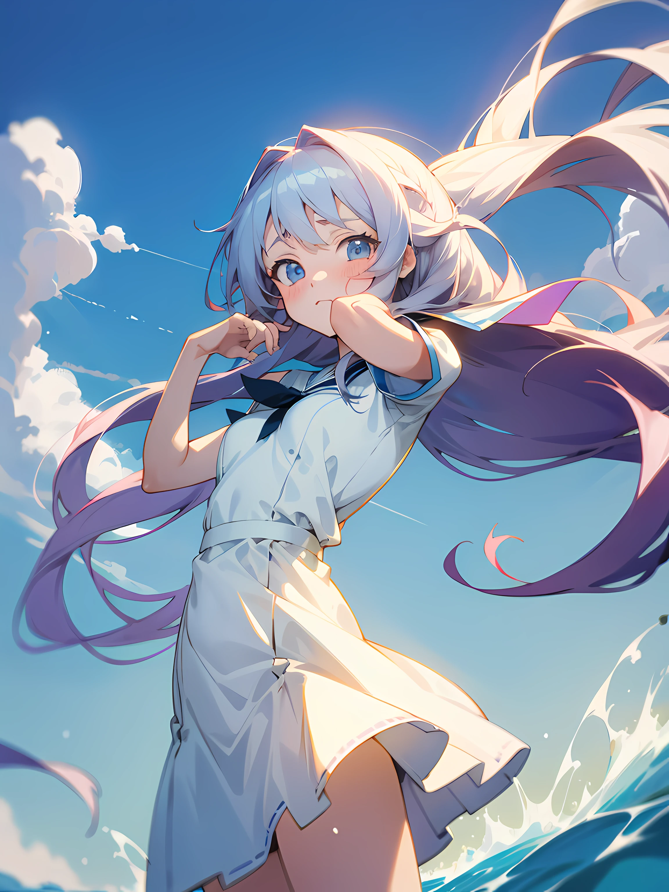 anime girl with long hair and white, wind blowing, anime moe artstyle, anime visual of a cute girl, (anime girl), girl in dress, attractive anime girl, white panties, embarrassed face, small breasts, ultrasharp, masterpiece, high res, 8k