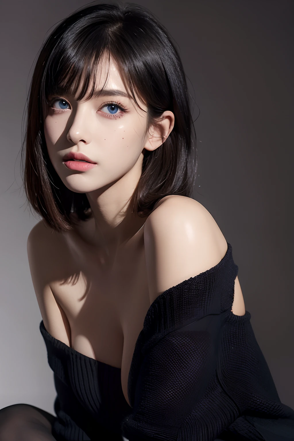ultra high res,masterpiece,best quality, perfect glossy shiny skins, perfect lighting, detailed lighting, dramatic shadows, ray tracing, 1girl, black sweater, looking at viewer, off shoulder, Big breasts, Exposed cleavage, blue Eyes, sharp face, sharp eyes, long bangs, short cut hair, nsfw, Moles under the eyes, Mole on the mouth, Dark background,