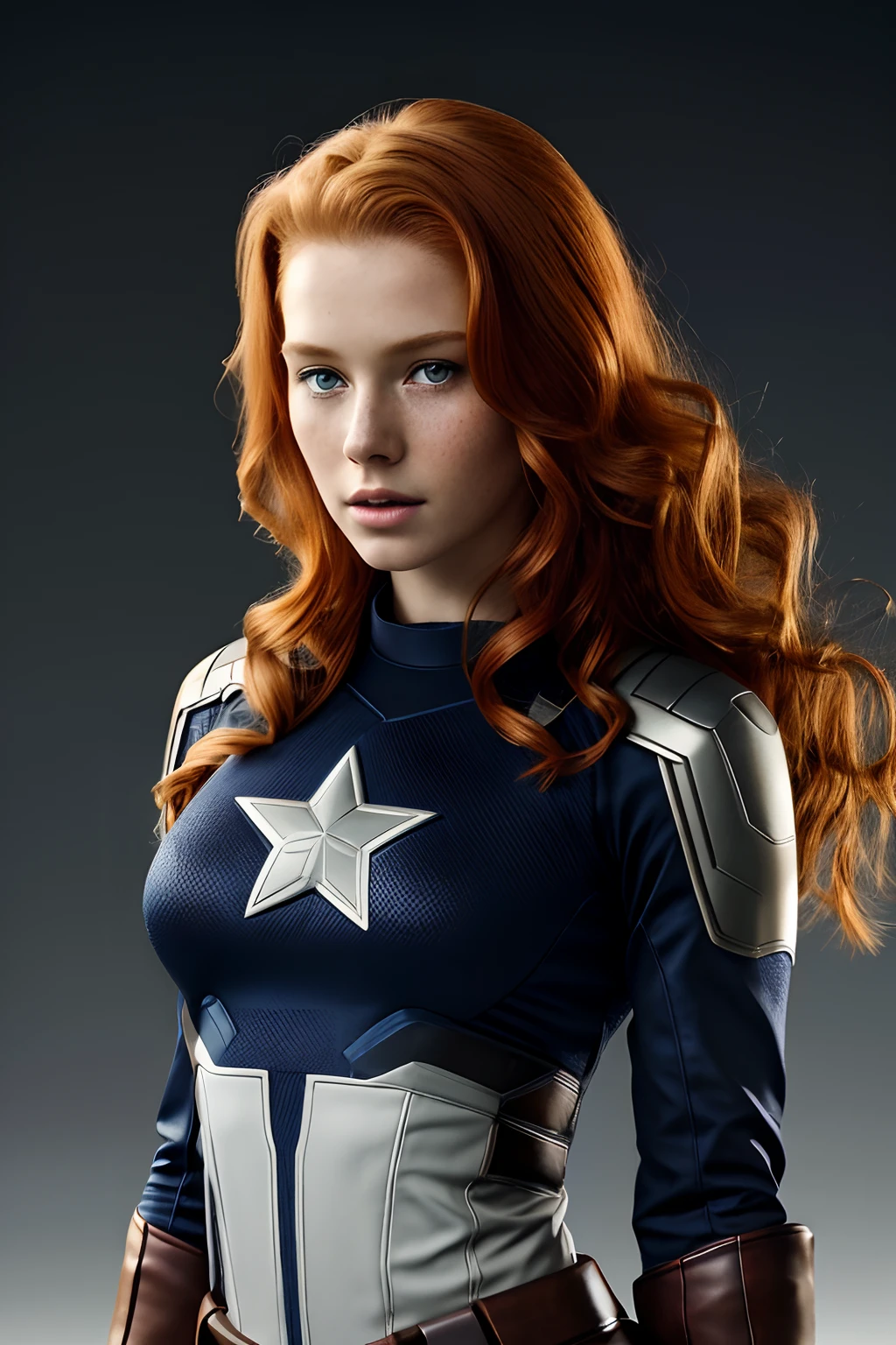 1girl in, age19, Solo, Aesthetic artwork, irish redhead, wavy ginger hair, shoulder length ginger hair, light grey eyes, some small freckles, pale skin, A-cup, small breasts, runners body, (textured skin, skin pores:1.1), (moles:0.8), imperfect skin, goosebumps, wearing Captain America costume, Avengers costume Captain America, Africa background, very background, (action shot, flying, 1.25), (extremely detailed 8k wallpaper), (hard lighting), high quality, film grain, Fujifilm XT3 sharp focus, f 5.6, 50mm, High Detail, Sharp focus, (natural light), crazy details, complex details, hyperdetailed