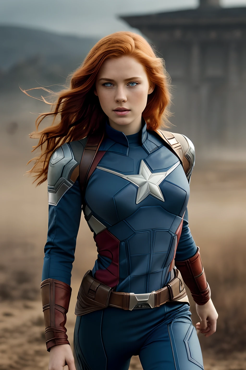 1girl in, age19, Solo, Aesthetic artwork, irish redhead, wavy ginger hair, shoulder length ginger hair, light grey eyes, some small freckles, pale skin, A-cup, small breasts, runners body, (textured skin, skin pores:1.1), (moles:0.8), imperfect skin, goosebumps, wearing Captain America costume, Avengers costume Captain America, Africa background, very background, (action shot, flying, 1.25), (extremely detailed 8k wallpaper), (hard lighting), high quality, film grain, Fujifilm XT3 sharp focus, f 5.6, 50mm, High Detail, Sharp focus, (natural light), crazy details, complex details, hyperdetailed