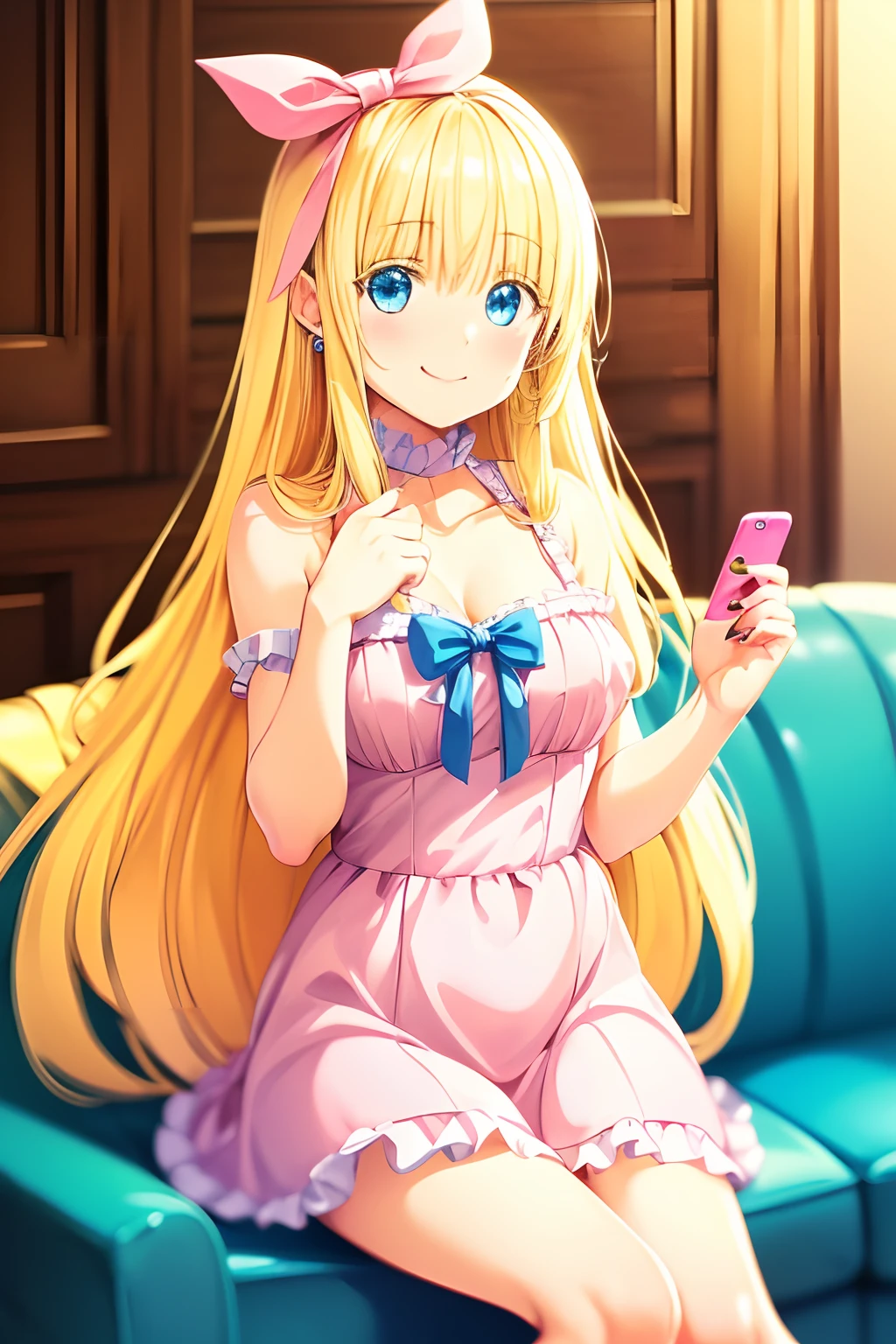 (((Cute blonde woman, long hair with big pink bow, Blue eyes))), wearing a beautiful pink babydoll dress, smiling, delicate face, super detailed, 8k, super quality, sitting on the sofa, heart earrings, Using the cellphone