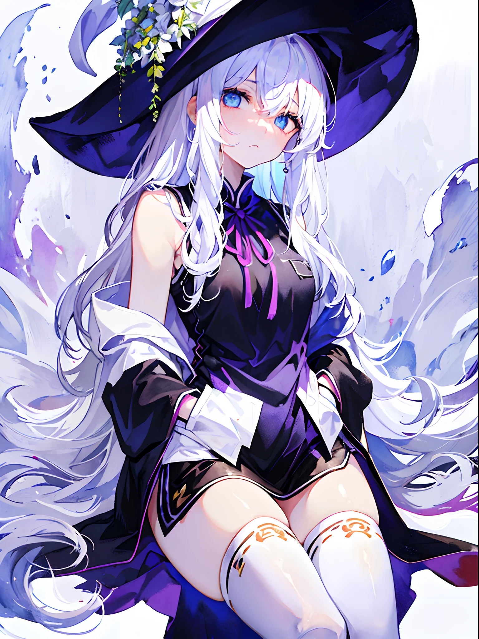 purple color  hair、Unkempt hair、Long、(expressive eyes、verd s eyes、Luminous eyes)、[(White background:1.9)::0.9]、[(transparent background:1.3)::5]、witch's hat、\\ ​masterpiece、top-quality、flat-colors、Official Art、White theme、(ultra-detailliert)、(illustratio)、ink and watercolor painting、a purple eye、cold face、Behold、1人、独奏、[(white hair:1.2):(blue hairs:1.2):0.5]、Long、hair wavy、Bare shoulders、((a cold expression))、Black cheongsam、Black skirt、Cute face、Breast、White stockings、bloo_Inner Hair、shawls、thighs thighs thighs thighs、anklets、Femoral ring、 (hands in the pocket:1.4)、