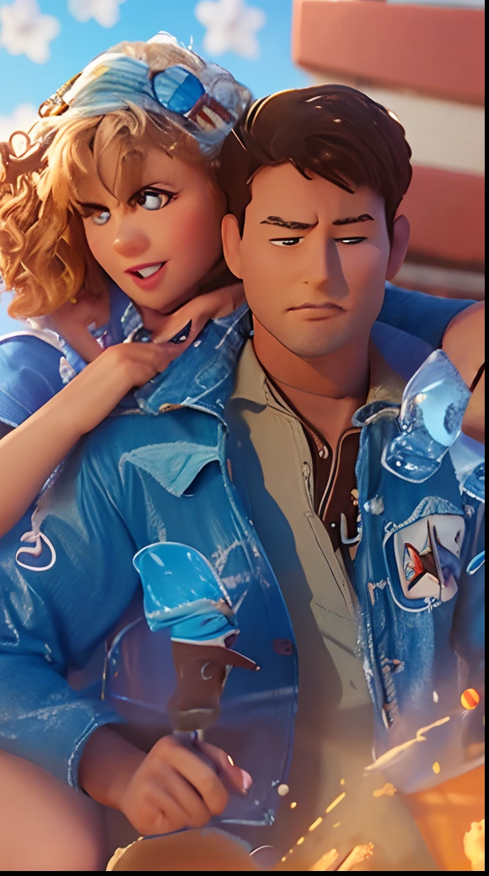 Cartoon of friends having fun on vacation together, 3D Animation Movie Poster, Poster de filme animado, pixar 3 d animation style, pixar renderman rendering, maia 8 mil, animated film, Disney Pixar Estilo 3D, amigos felizes saem juntos, all wearing light blue shirts and cream brown long pants, camisa azul clara, cream brown pants, ao ar livre, vacation, Disney Pixar Animation Poster