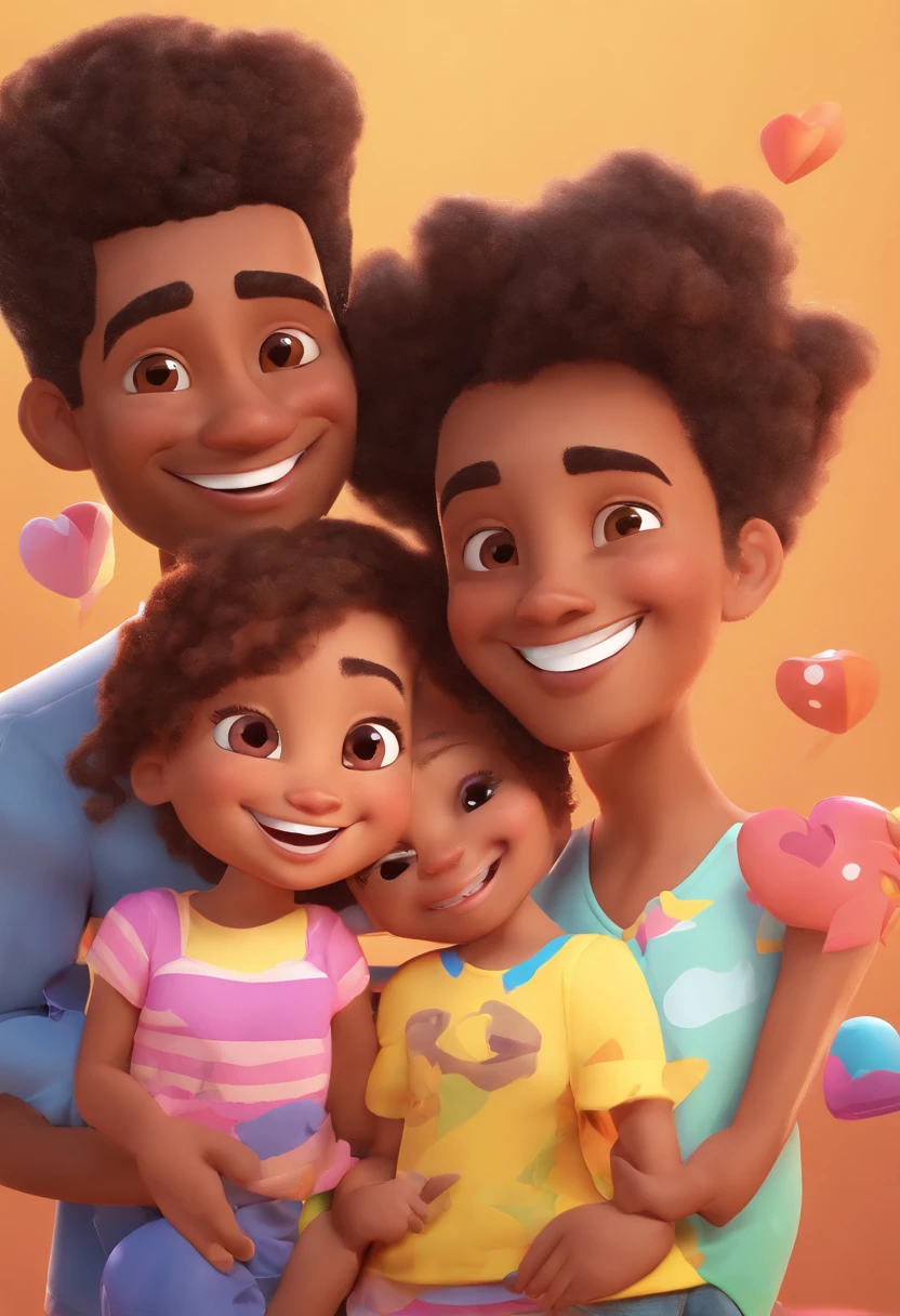 An illustration of an adorable couple, Spotlight on an athletic mulatto man, Smiling and a brunette woman with beautiful expressive eyes - the man's skin is mulatto and the man's hair is short and big beard the woman's skin is white and the woman's hair is straight and brown. They are a bright room, cada um com um sorriso no rosto, e compartilhar um momento especial caracterizado pelo amor, Insights. Illustrate this scene from a perspective where they are facing the camera, Smiling and Showing Your Connection. Desenvolva esta arte em Full HD, Focus on your cinematic touch, Estilo Disney Pixar Animations
