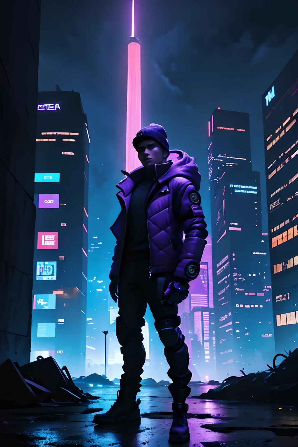 Uma obra de arte com tema cyberpunk de uma paisagem urbana noturna com um homem em primeiro plano. The man is wearing futuristic clothes and has cybernetic enhancements, like glowing cybernetic eyes and a robotic arm. The cityscape is full of neon lights, towering skyscrapers, and flying vehicles. The atmosphere is dark and moody, com um toque de chuva e nevoeiro. Art is created using digital illustration techniques, dando-lhe detalhes, High resolution quality. Colors are predominantly cool, com uma mistura de blues, Purples, e detalhes em neon. Lighting is dramatic, with strong contrasts between the illuminated areas and the dark shadows