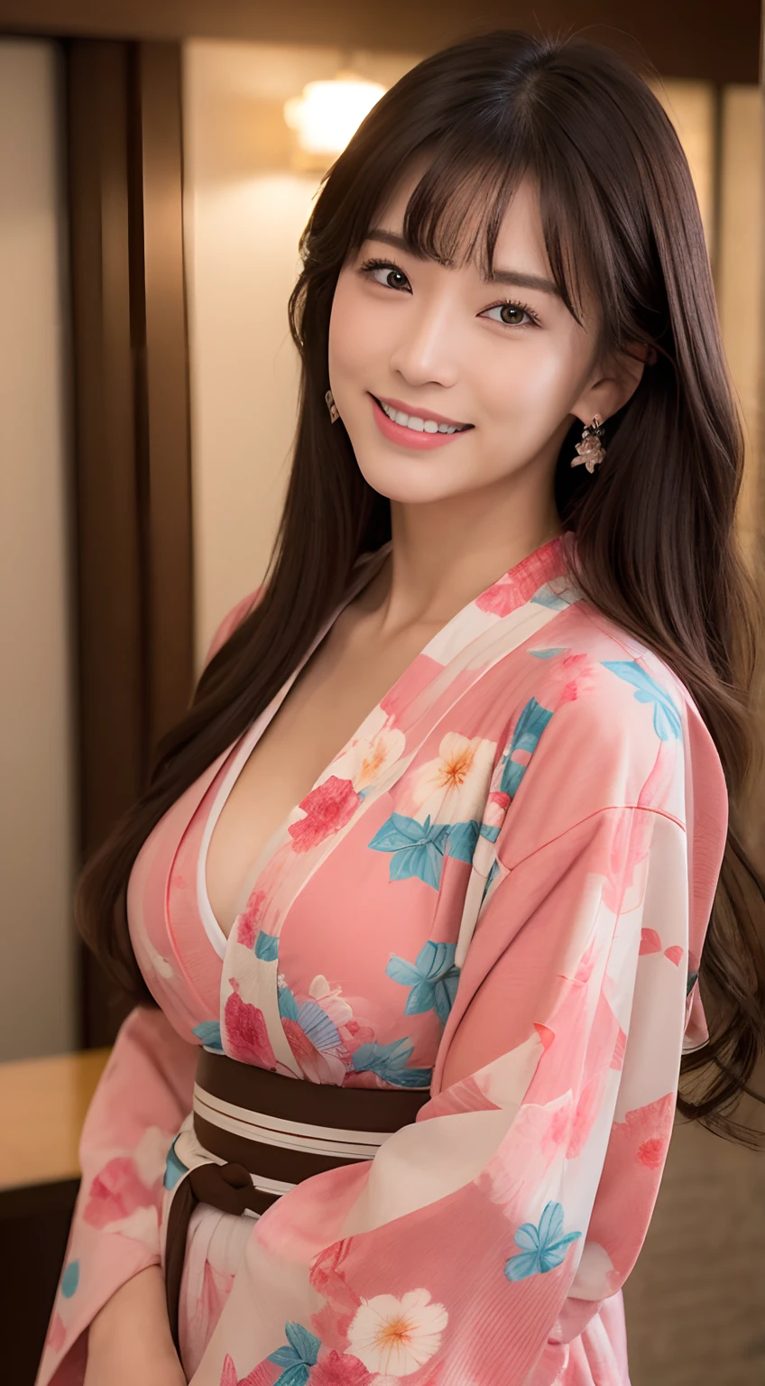 ((top-quality、8K、tmasterpiece:1.3))、self-shot、A Beautiful Woman with Perfect Figure:1.4、(Brown long hair、Normal breasts:1.3)、(Japanese floral yukata)、Highly detailed facial and skin texture、A detailed eye、二重まぶた、A smile:1.5、full body Esbian、sacrifice to、In the street、natta