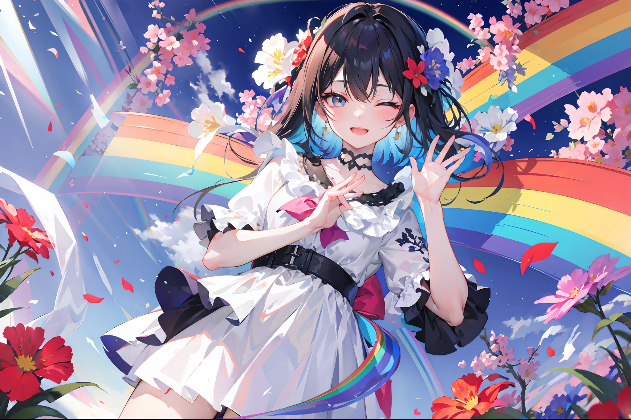 flower in hands,;D, rainbow backgraund
