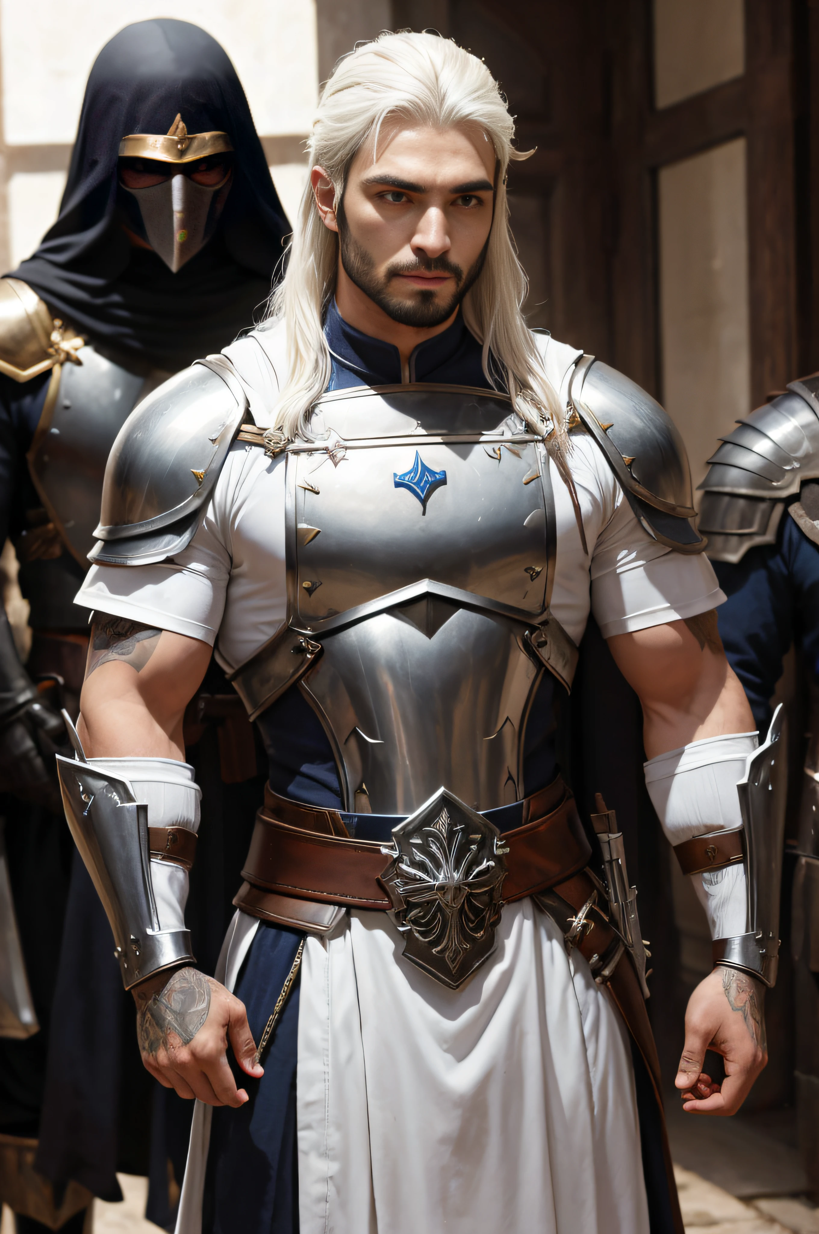 Um homem com uma fantasia de cavaleiro parado na frente de um grupo de pessoas, atraente macho de carne com armadura, macho atraente com armadura, Paladino masculino, um paladino masculino humano, armadura branca detalhada, guerreiro de fantasia em armadura completa, usando armadura de fantasia, Armadura Paladina, Arsen Lupin como um paladino, photogenic details on armor