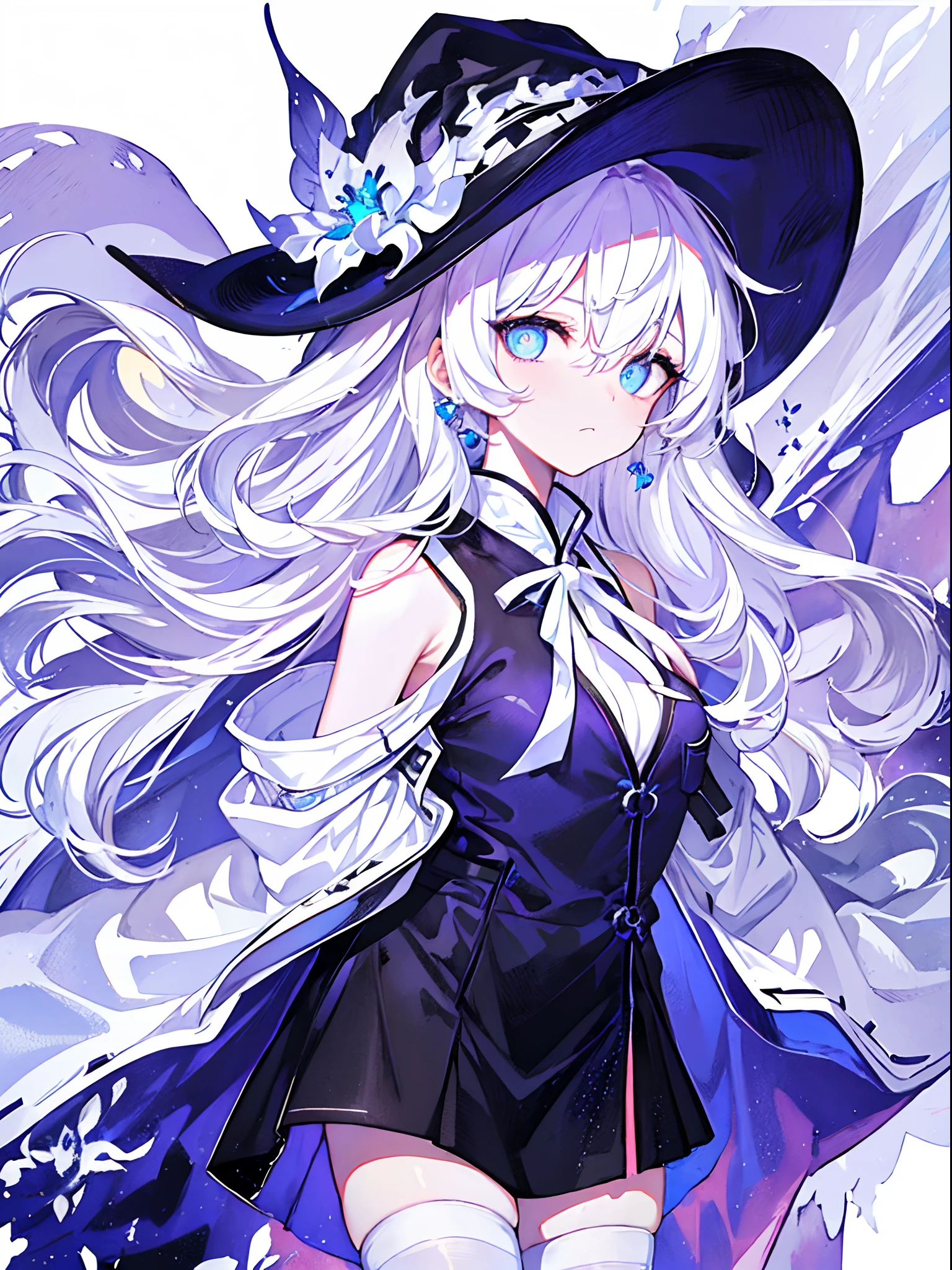 purple color hair、Unkempt hair、Long、(expressive eyes、verd s eyes、Luminous eyes)、[(White background:1.9)::0.9]、[(transparent background:1.3)::5]、witch's hat、\\ ​masterpiece、top-quality、flat-colors、Official Art、White theme、(ultra-detailliert)、(illustratio)、ink and watercolor painting、a purple eye、cold face、Behold、女の子1人、独奏、[(white hair:1.2):(blue hairs:1.2):0.5]、Long、hair wavy、Bare shoulders、((a cold expression))、Black cheongsam、Black skirt、Cute face、Breast、White stockings、bloo_Inner Hair、shawls、thighs thighs thighs thighs、anklets、Femoral ring、 (hands in the pocket:1.4)、