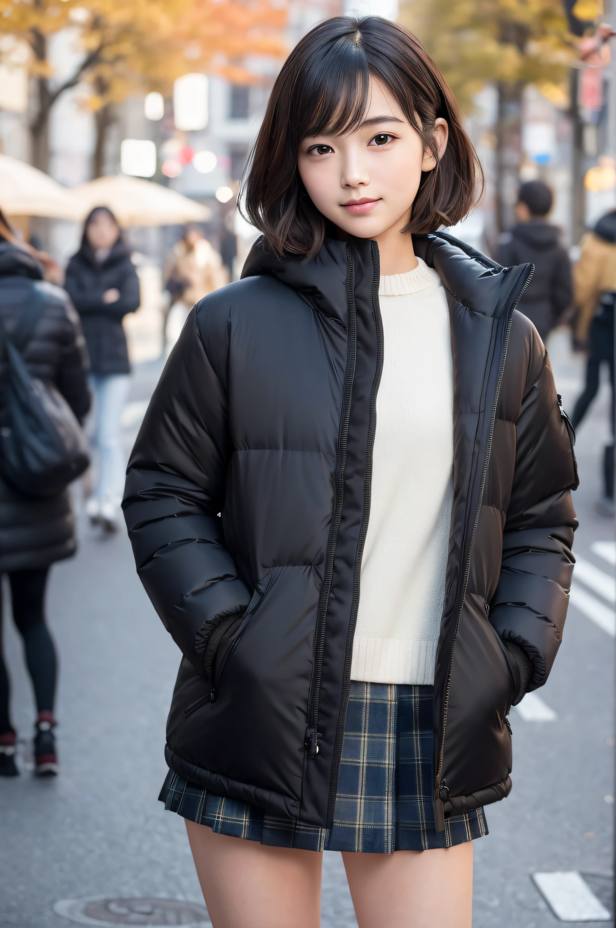 japanese girl, posing on the walking street, in autumn,(wearing black duffel-parka),(putting on tartan check miniskirt), (photoshoot style, shooting from front, upper knee statue, body facing forward), 26 years old, (toned body type:1.2, tall height 5.35 feet), (normal breast :1.2, hemispherical udder silhouette:1.2), little smiling, perorbital swelling, brown fluffy and wavy short-cut hair, natural bangs, detailed brown eyes, detailed finger, suppin, no make, (photorealsitic:1.4), (high-resolution details of human skin texture:1.2, rough skin:1.2, Uneven skin tone:1.6, skin texture must be natural:1.1), top-quality, masterpiece, high resolution, raw photo, natural soft light, professional lighting