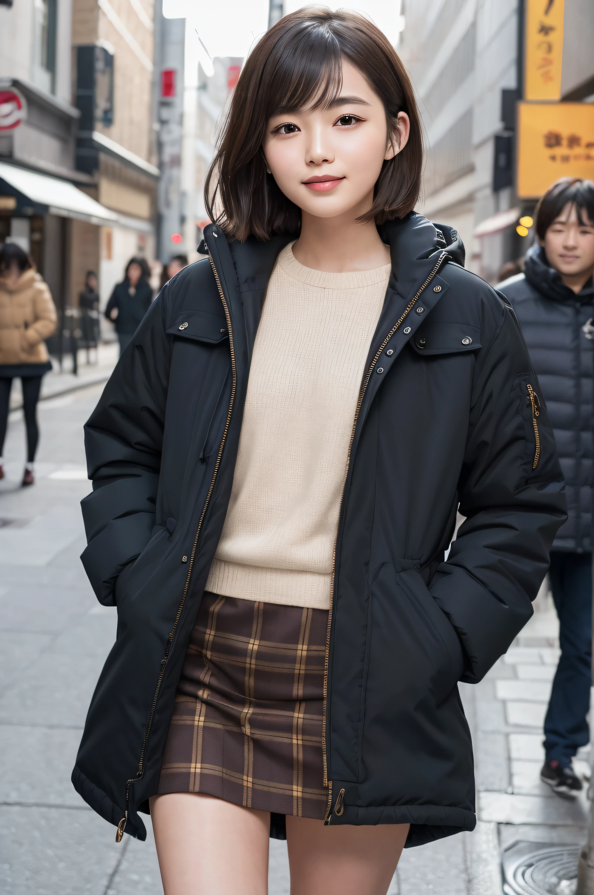 japanese girl, posing on the walking street, in autumn,(wearing black duffel-parka),(putting on tartan check miniskirt), (photoshoot style, shooting from front, upper knee statue, body facing forward), 26 years old, (toned body type:1.2, tall height 5.35 feet), (normal breast :1.2, hemispherical udder silhouette:1.2), little smiling, perorbital swelling, brown fluffy and wavy short-cut hair, natural bangs, detailed brown eyes, detailed finger, suppin, no make, (photorealsitic:1.4), (high-resolution details of human skin texture:1.2, rough skin:1.2, Uneven skin tone:1.6, skin texture must be natural:1.1), top-quality, ​masterpiece, high resolution, raw photo, natural soft light, professional lighting