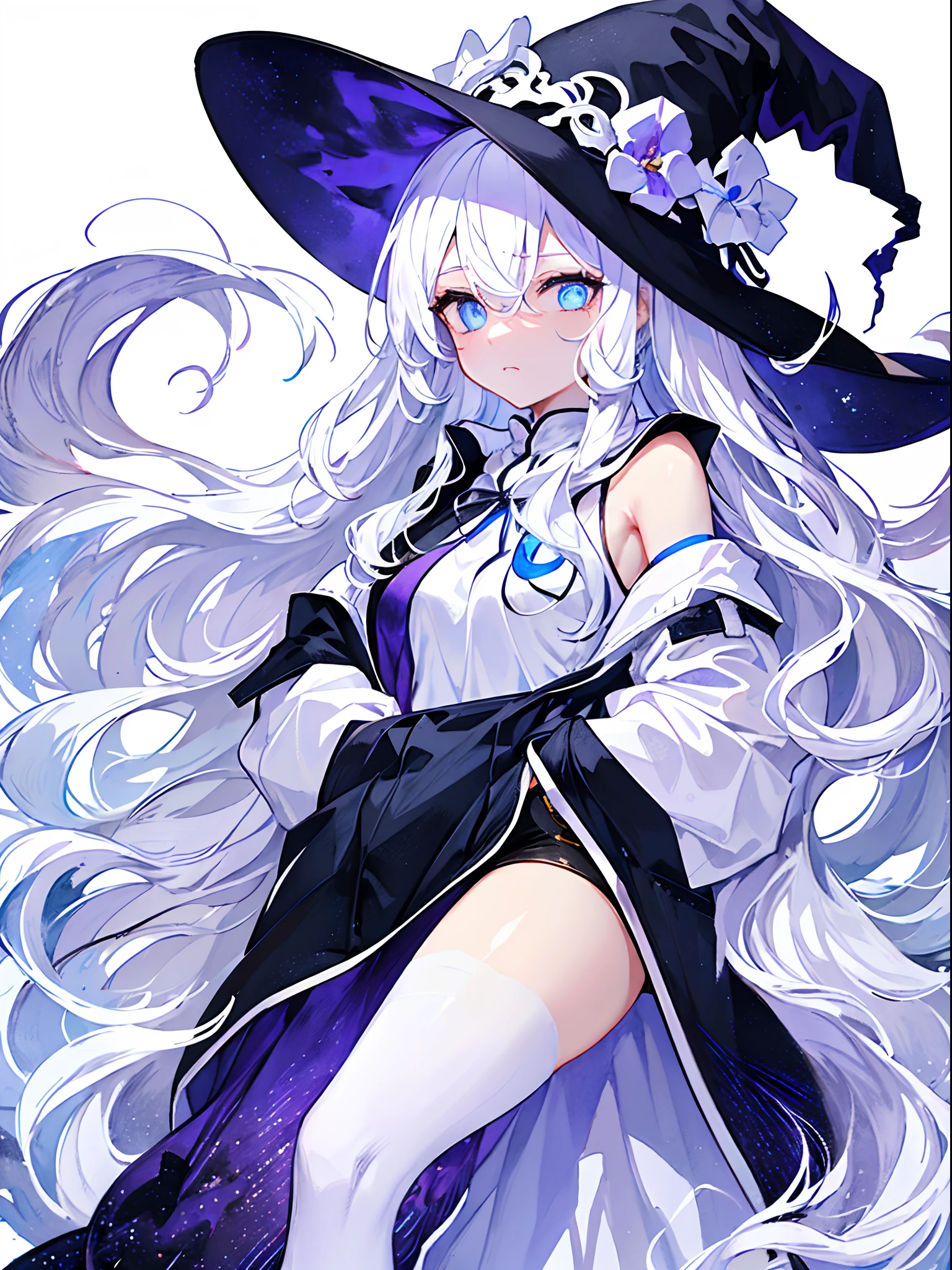 purple color hair、Unkempt hair、Long、(expressive eyes、verd s eyes、Luminous eyes)、[(White background:1.9)::0.9]、[(transparent background:1.3)::5]、witch's hat、\\ ​masterpiece、top-quality、flat-colors、Official Art、White theme、(ultra-detailliert)、(illustratio)、ink and watercolor painting、a purple eye、cold face、Behold、女の子1人、独奏、[(white hair:1.2):(blue hairs:1.2):0.5]、Long、hair wavy、Bare shoulders、((a cold expression))、Black cheongsam、Black skirt、Cute face、Breast、White stockings、bloo_Inner Hair、shawls、thighs thighs thighs thighs、anklets、Femoral ring、 (hands in the pocket:1.4)、