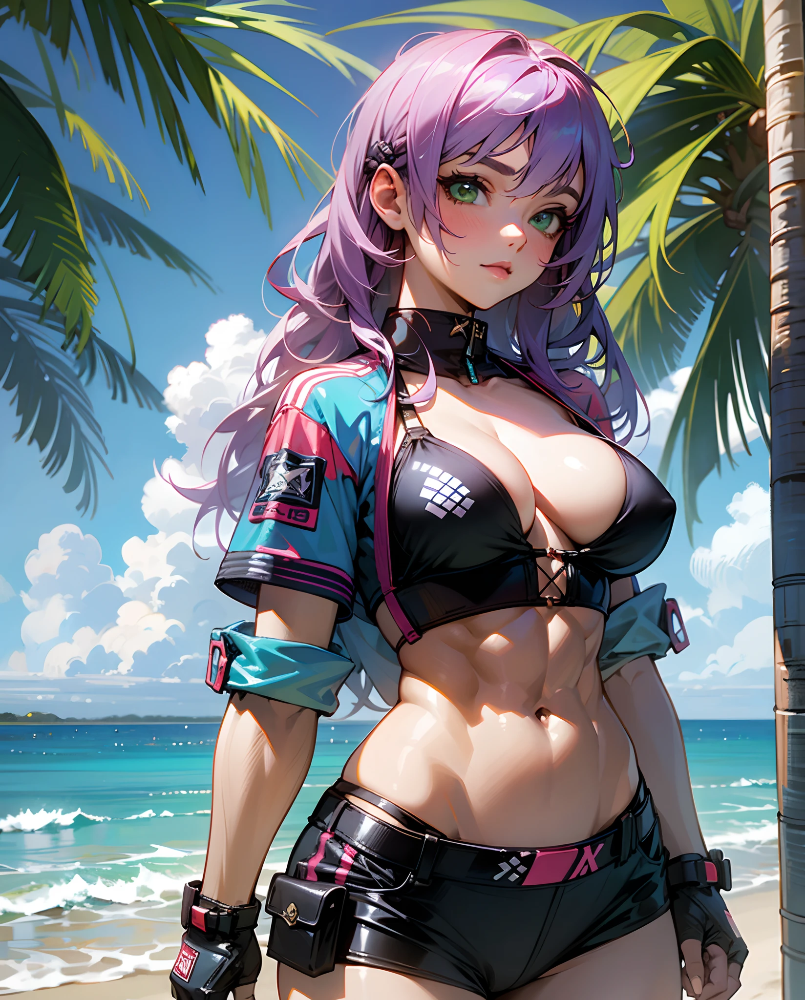 punk girl, abs, large breats, muscles, green eyes which are glowing, beach, bikini, long hair, realistic --auto --s2