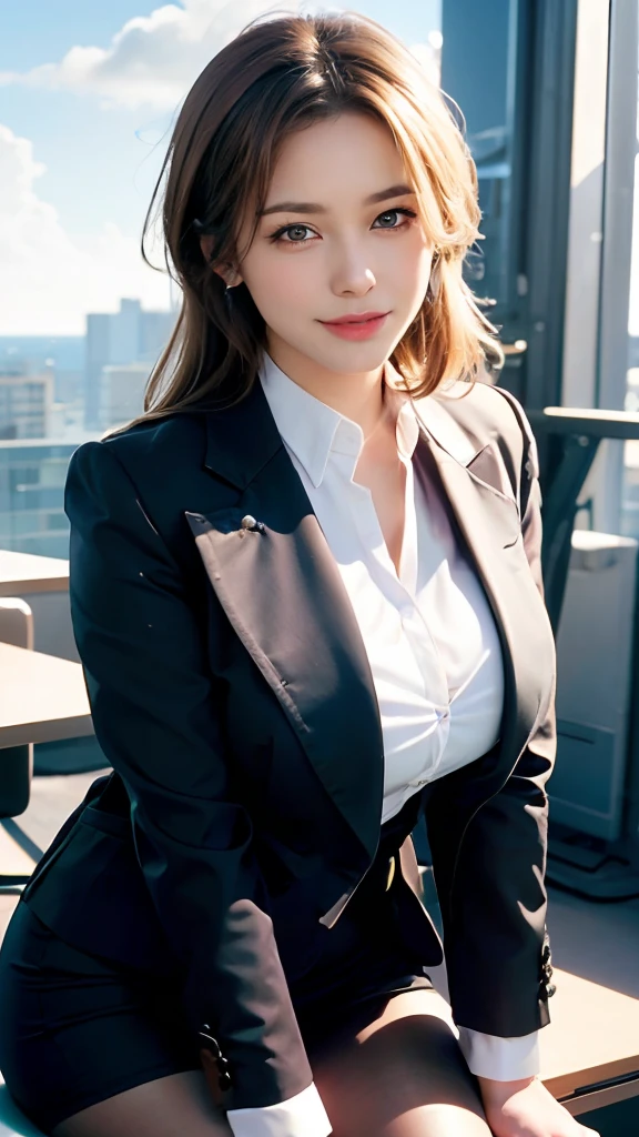 top-quality, ​masterpiece, high-detail, 16k picture quality, Beauty OL, Light brown medium hair, beautiful eyes of light brown, Business suits, White blouses, Black_pantyhose, plump big breasts, , Blushing, She is staring at the camera, Enraptured look, Morning office, Beautiful clouds in madder color,Smiling