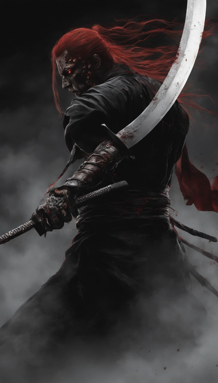 SamuraiXQuiron man, solo, long hair, 1boy, ponytail, male focus, red hair, japanese clothes, kimono, scar, katana, sheath, scar on face, samurai,